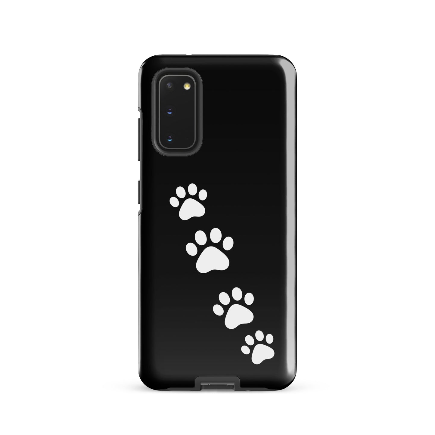 Phone case for Samsung Galaxy with white paw-print trail on black background