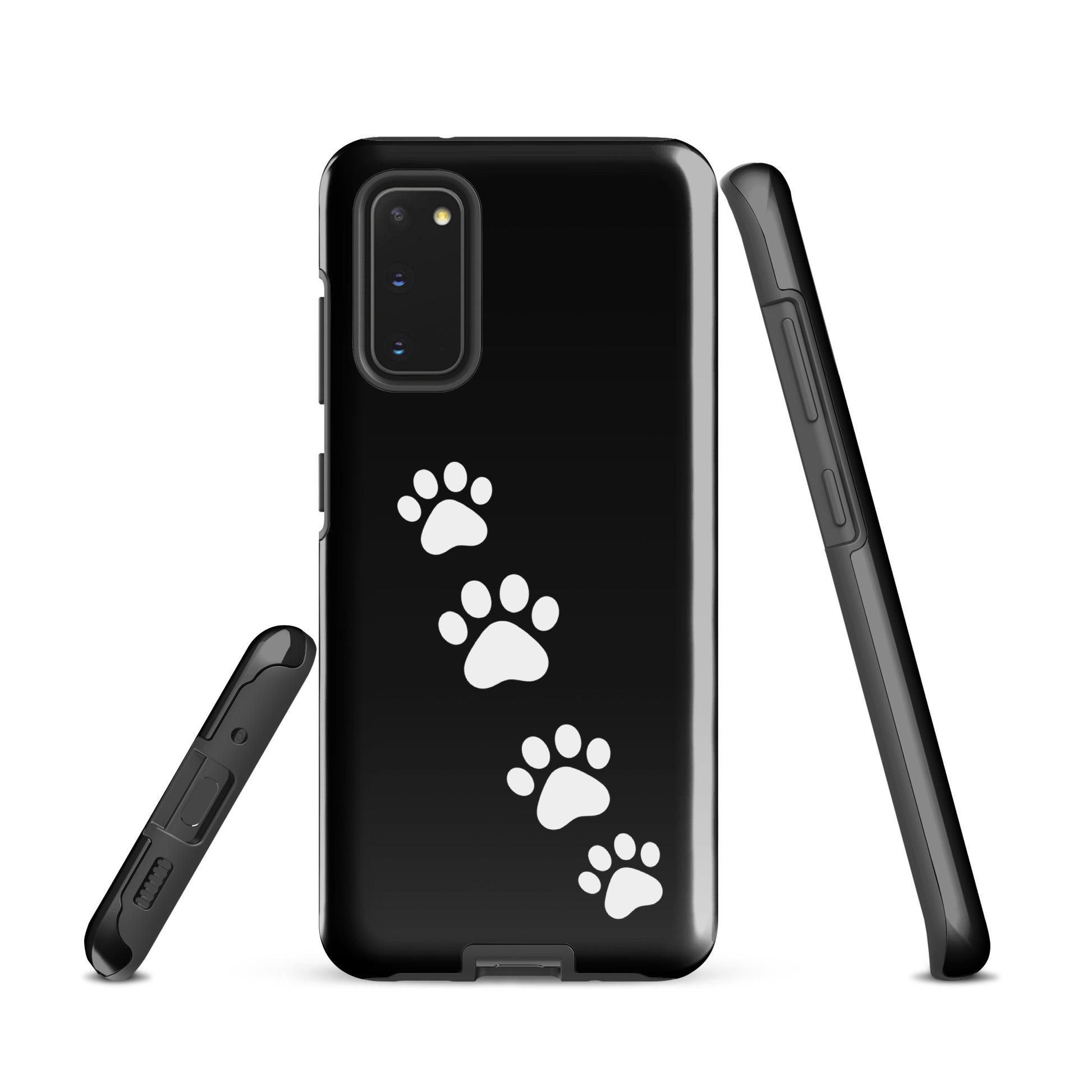 Phone case for Samsung Galaxy featuring white paw-print trail design on a sleek black background, perfect for pet lovers.