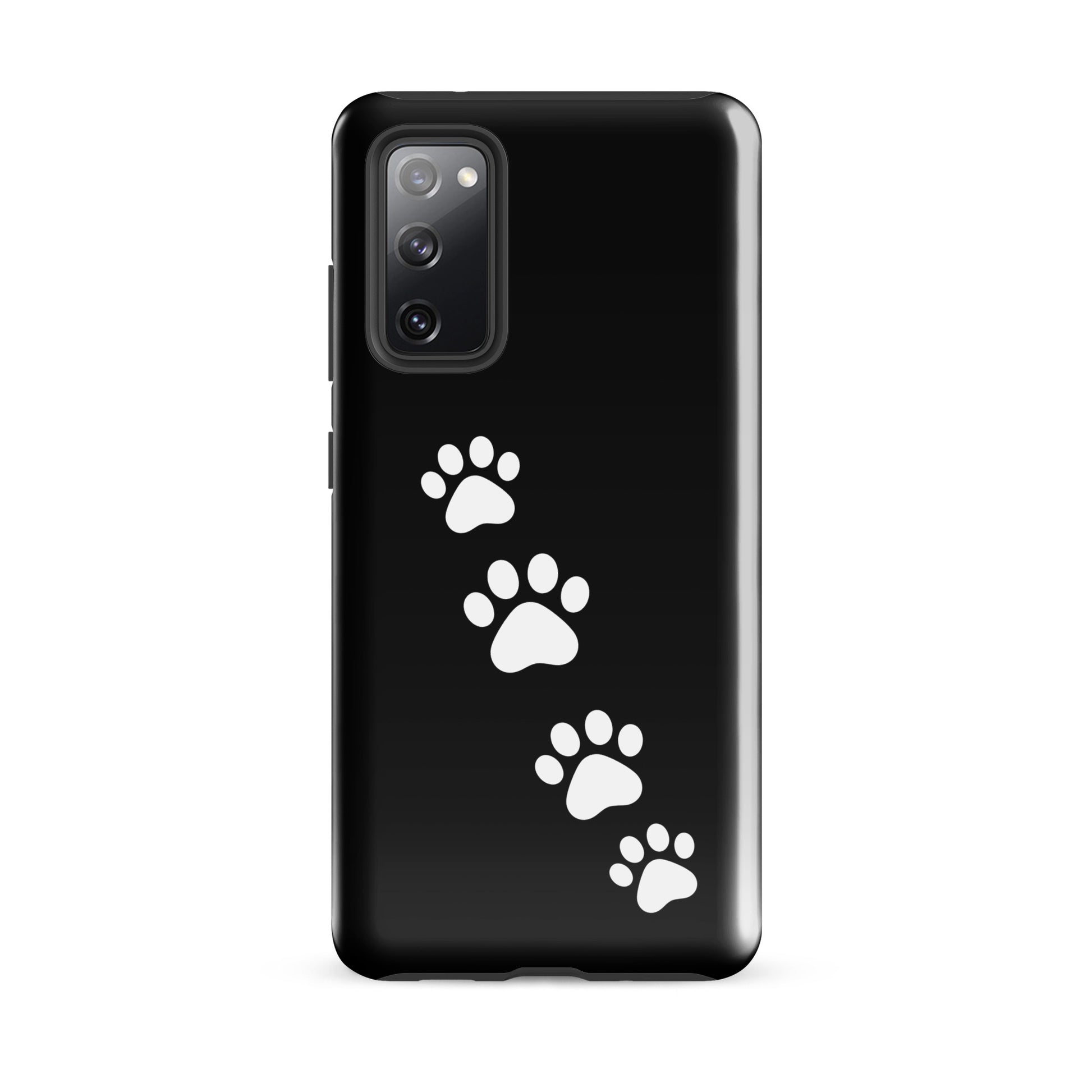 Phone case for Samsung Galaxy with white paw print trail design on sleek black background, perfect for pet lovers.