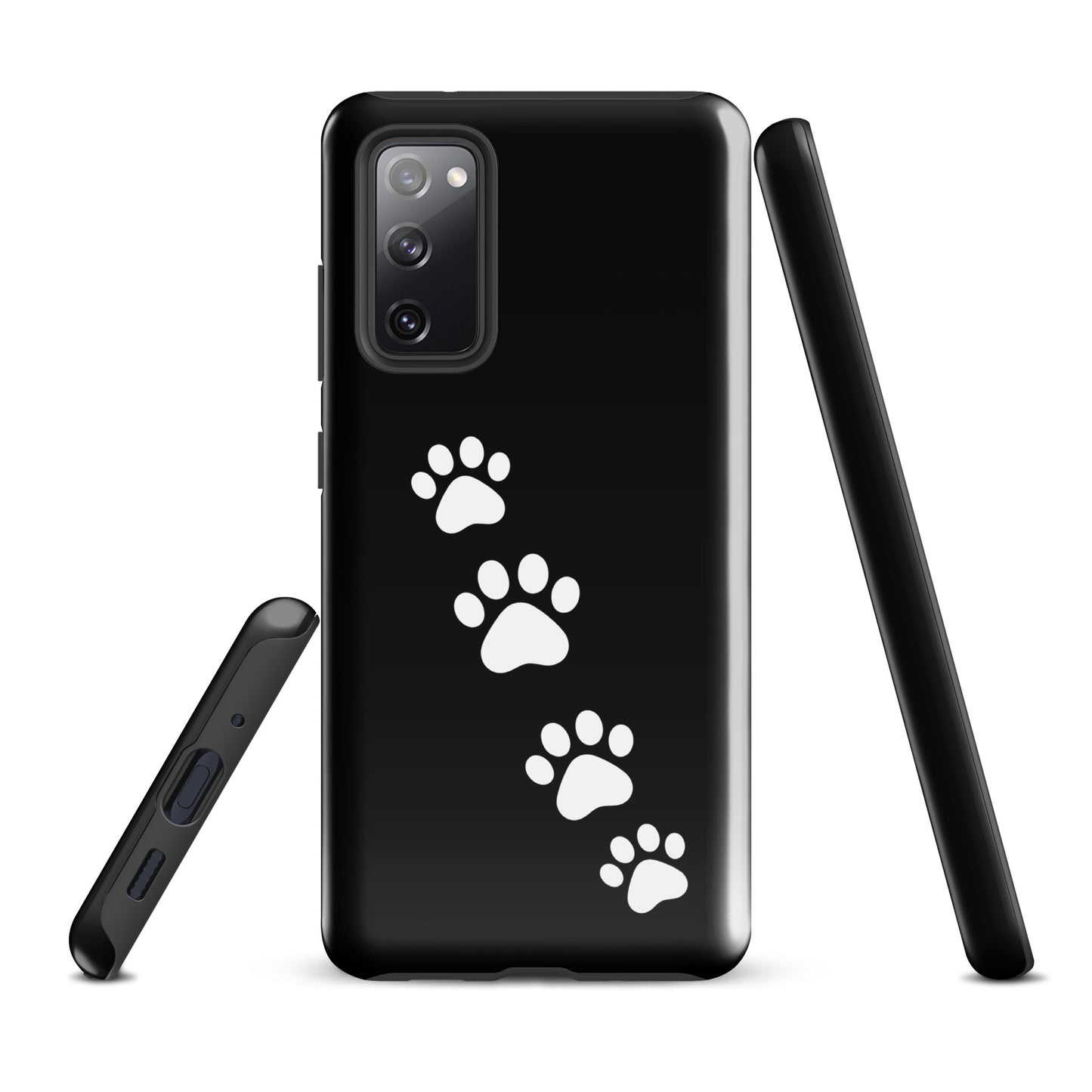 Phone case for Samsung Galaxy with white paw-print trail design, ideal for pet lovers, modern and sleek accessory for pet enthusiasts.