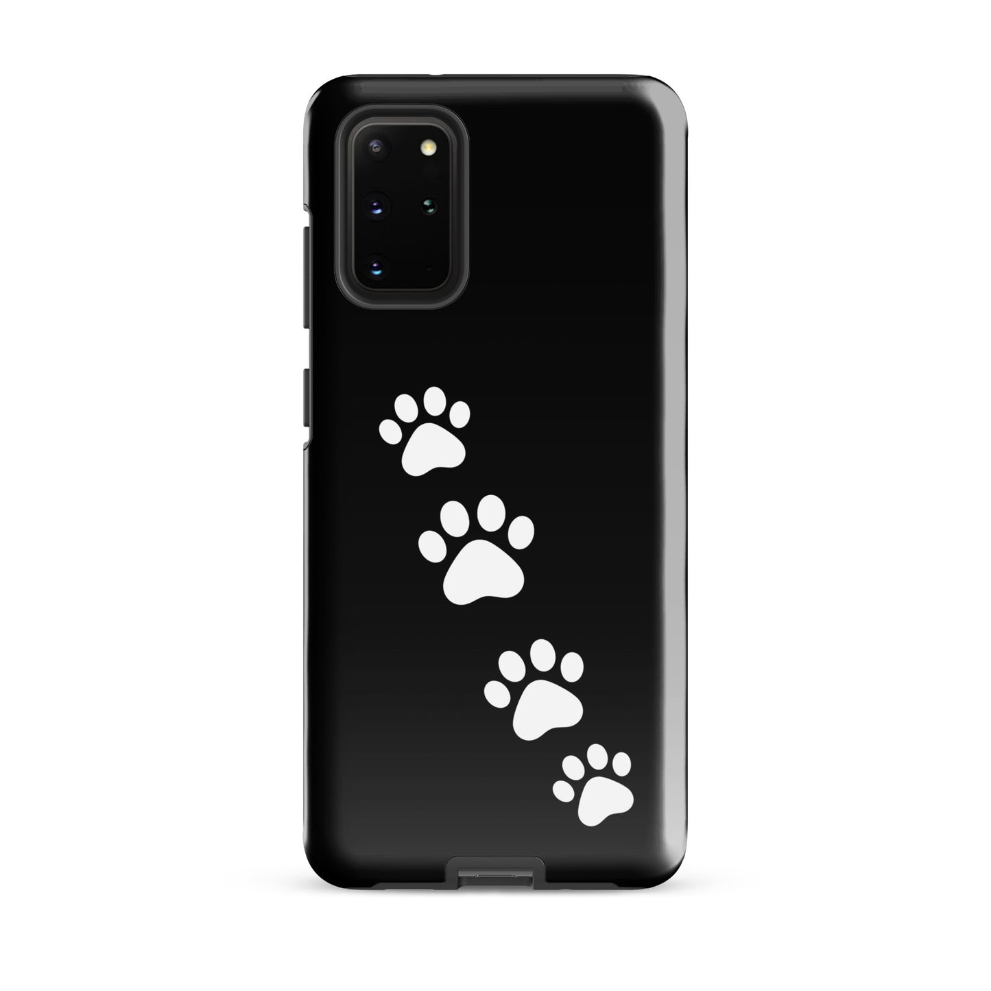 Phone case for Samsung Galaxy with white paw-print trail design on black background for pet lovers.