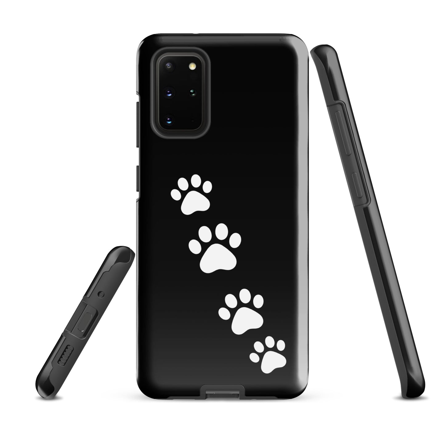Phone case for Samsung Galaxy with playful white paw-print trail design on black background.