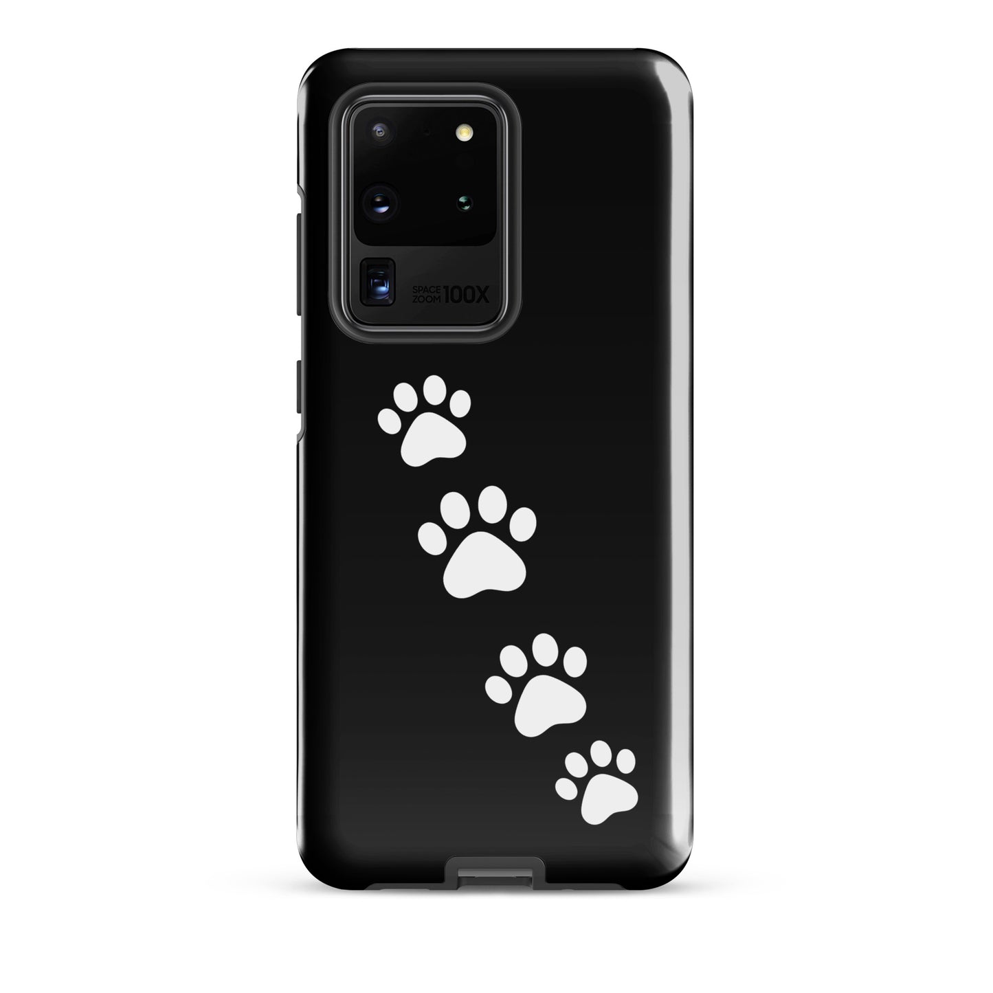 Phone case for Samsung Galaxy with white paw print trail design; ideal for pet lovers seeking a playful, stylish accessory.