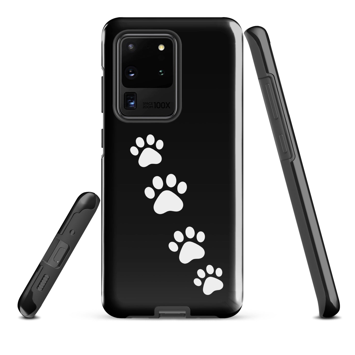 Phone case for Samsung Galaxy with playful white paw-print trail design on a sleek black background.