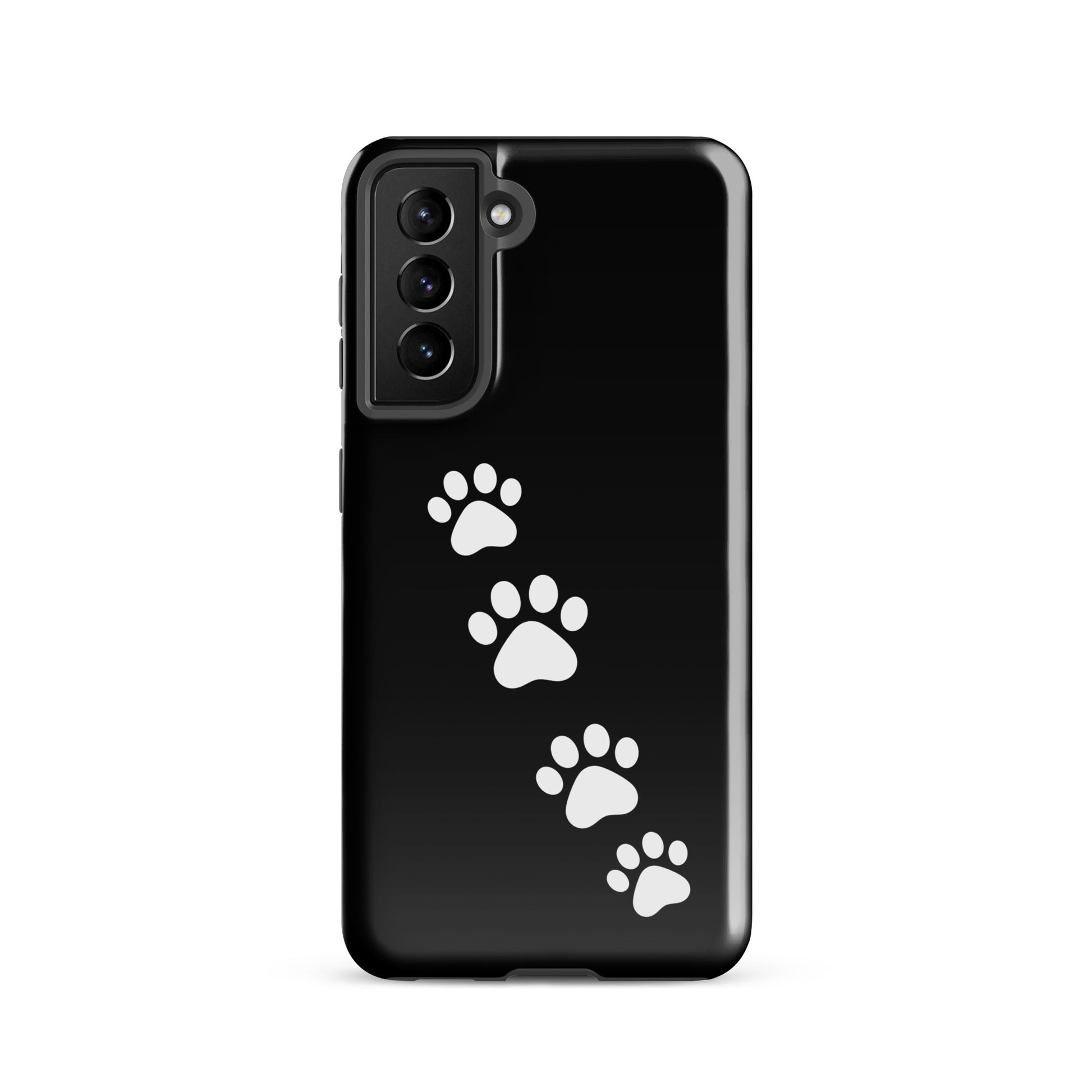 Phone case for Samsung Galaxy with white paw print trail on black background, designed for playful pet lovers.