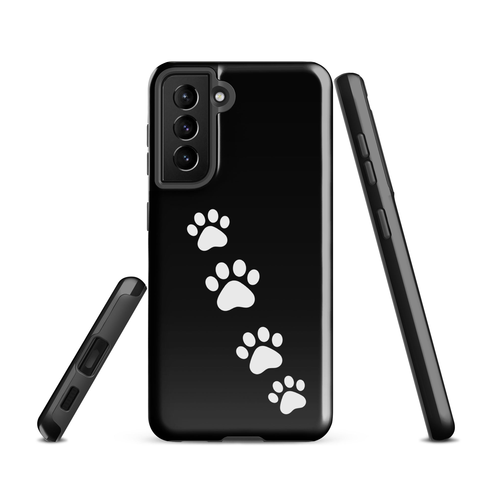 Phone case for Samsung Galaxy with white paw print trail design for pet lovers.