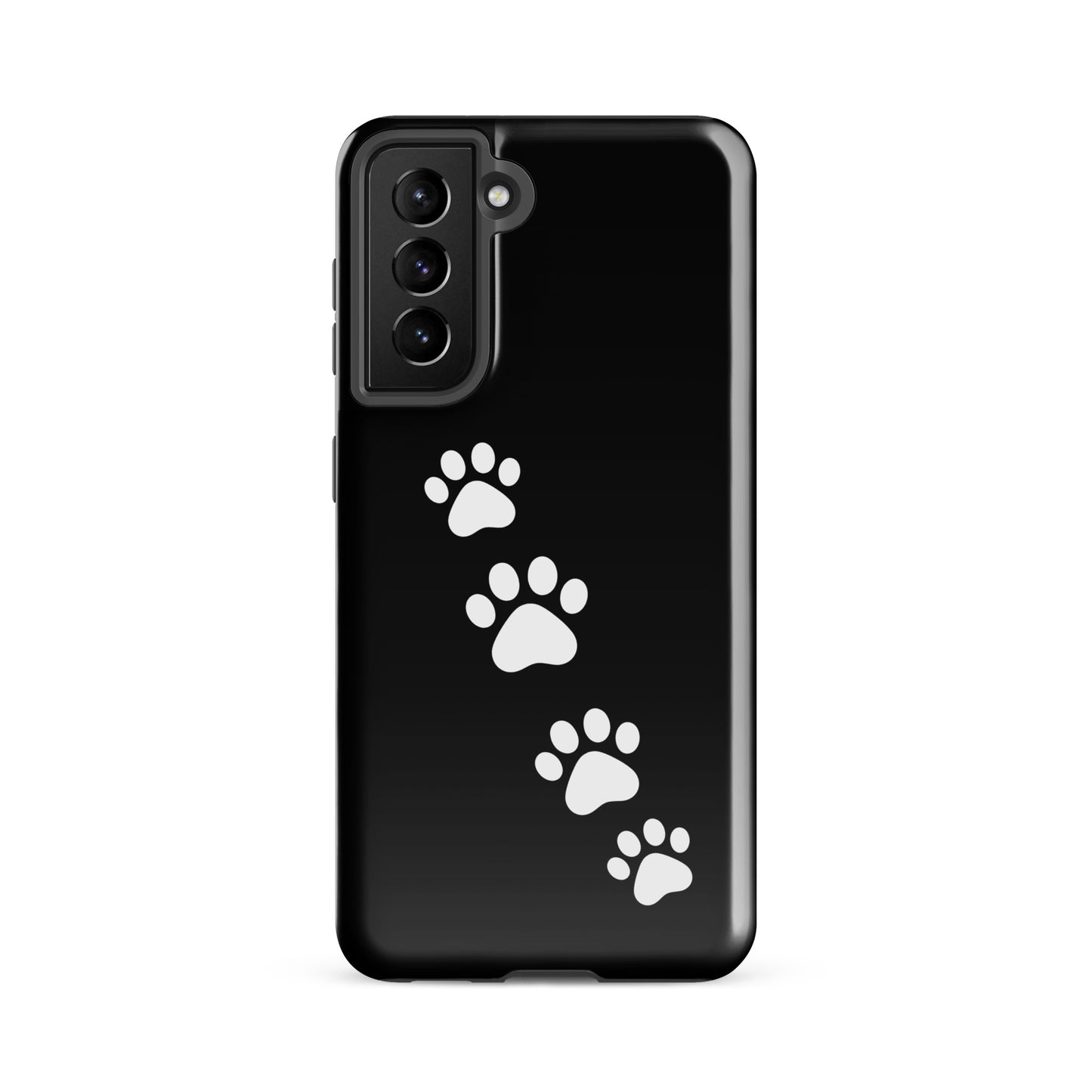 Phone case with white paw prints diagonally across a sleek black surface, designed for Samsung Galaxy, perfect for pet lovers.