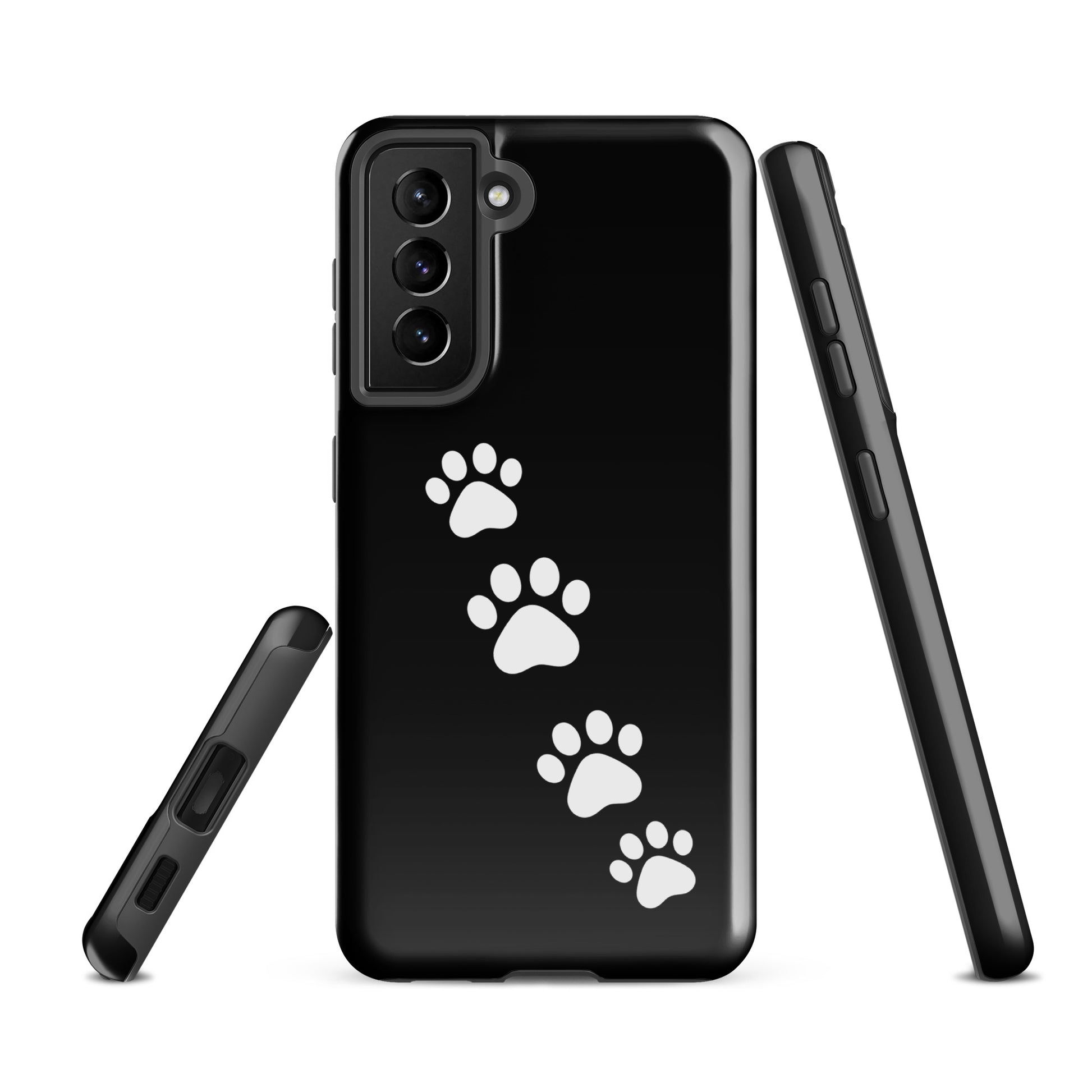 Phone case with white paw-print trail for Samsung Galaxy, black background, perfect for dog and cat lovers seeking stylish protection.