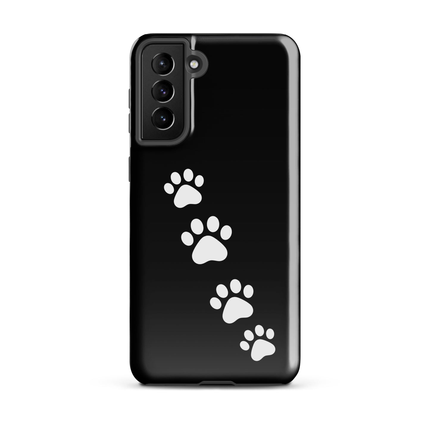 Phone case for Samsung Galaxy with white paw print trail on black background, perfect for playful pet lovers.