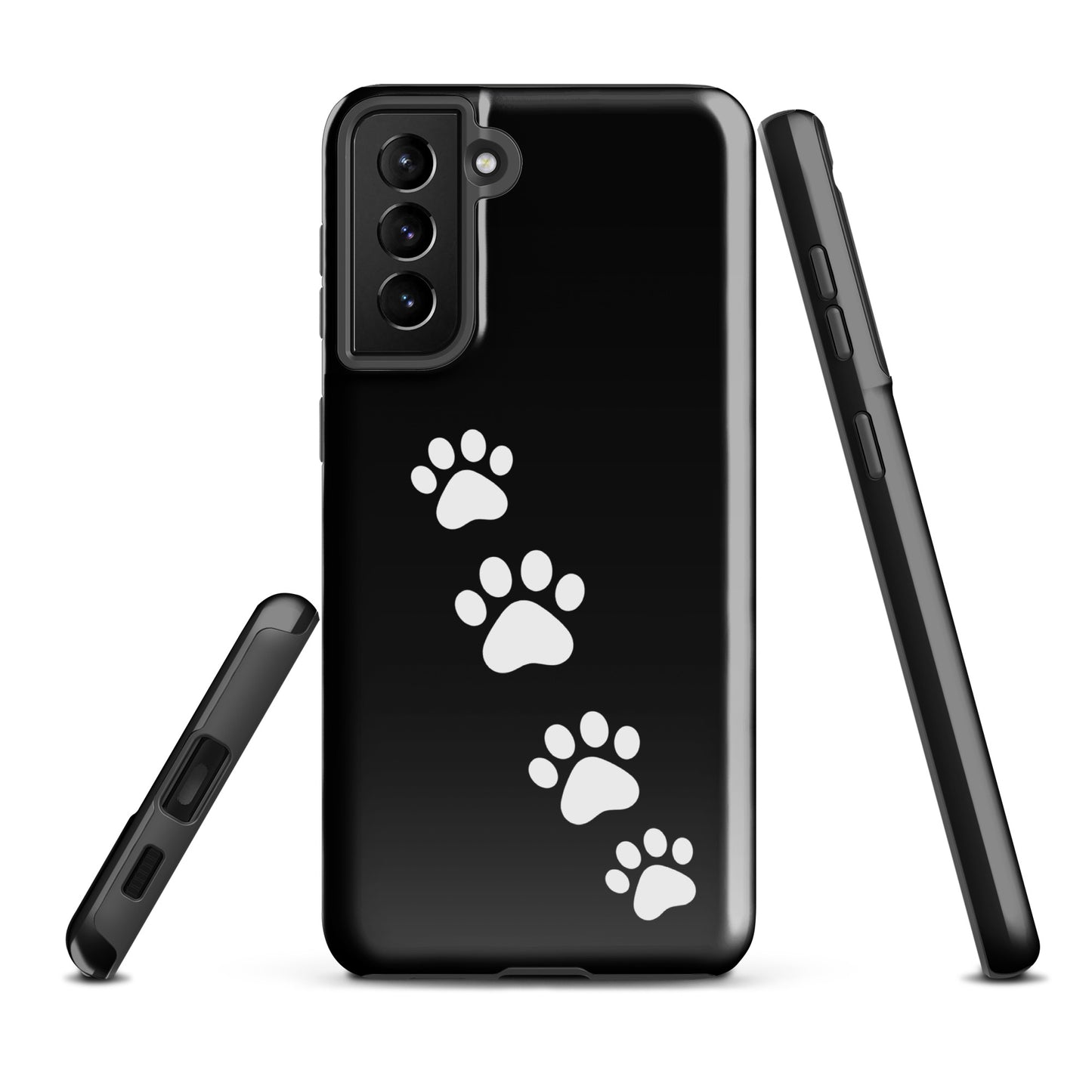 Phone case for Samsung Galaxy with white paw-print trail design on a sleek black background, ideal for playful pet lovers.
