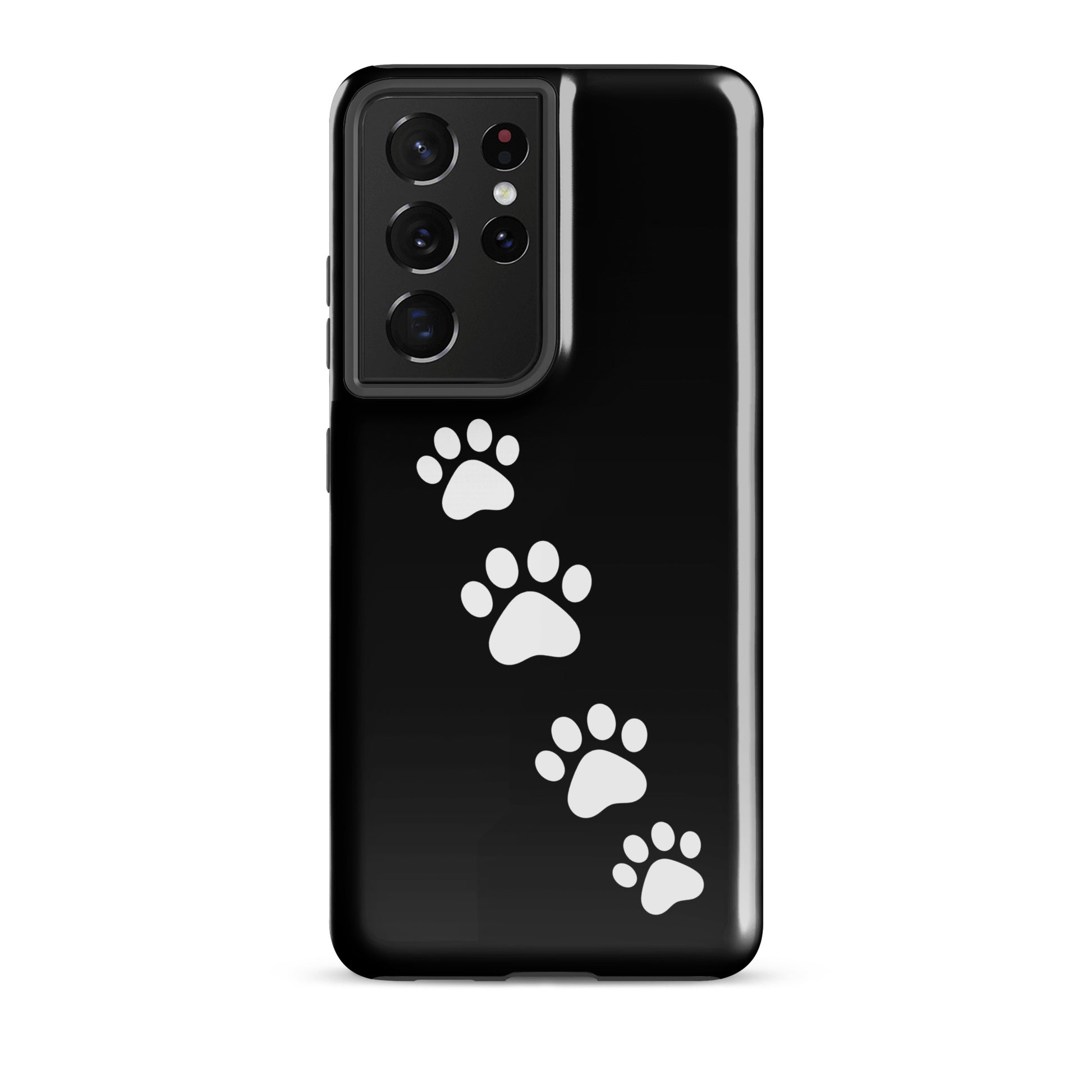 Phone case for Samsung Galaxy with diagonal white paw-print trail on black background, perfect for playful pet lovers.