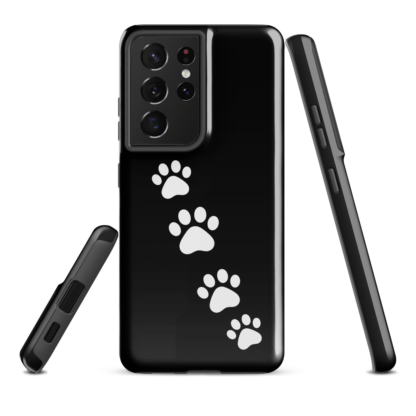 Phone case for Samsung Galaxy with white paw-print trail on sleek black background for pet lovers.