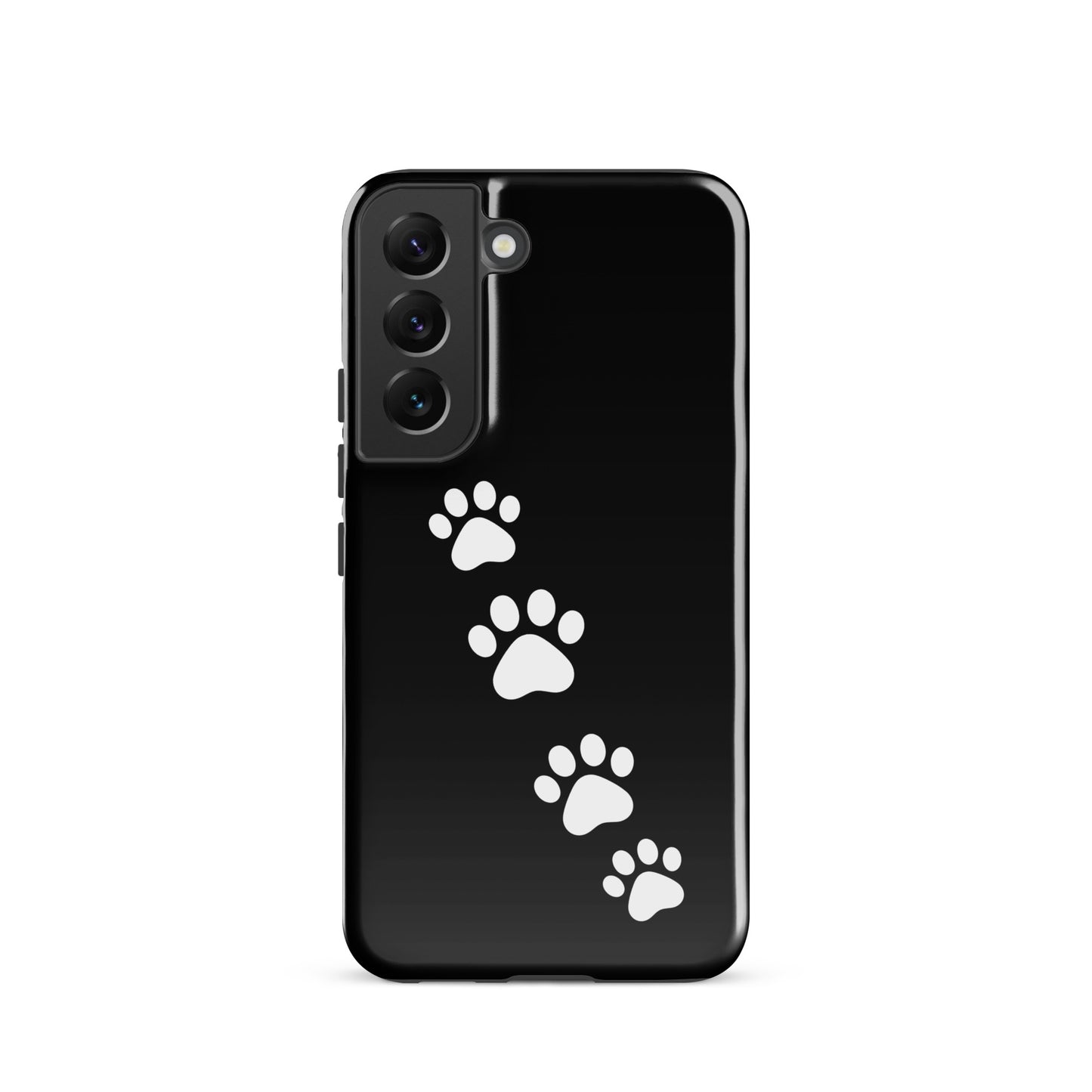 Phone case for Samsung Galaxy with playful white paw-print trail design on sleek black background, perfect for pet lovers.