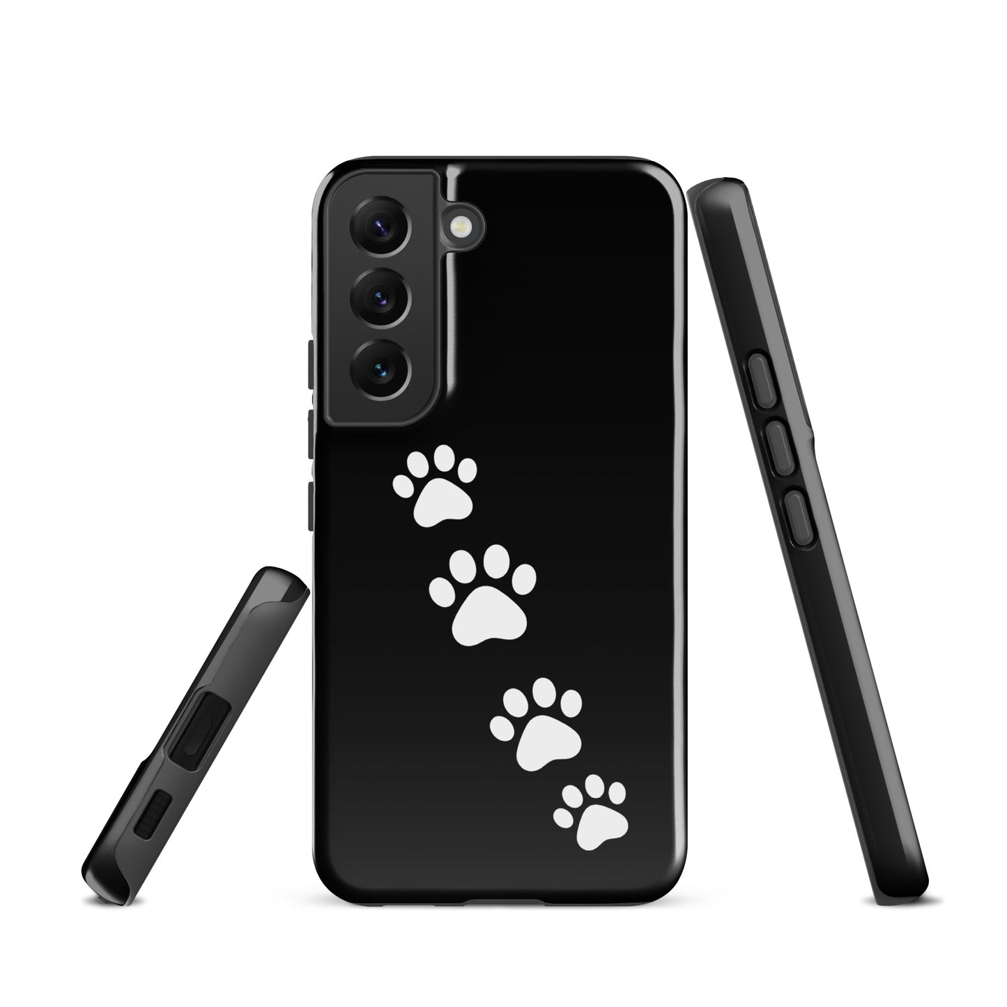Phone case for Samsung Galaxy with white paw print trail design on a black background, perfect for playful pet lovers.