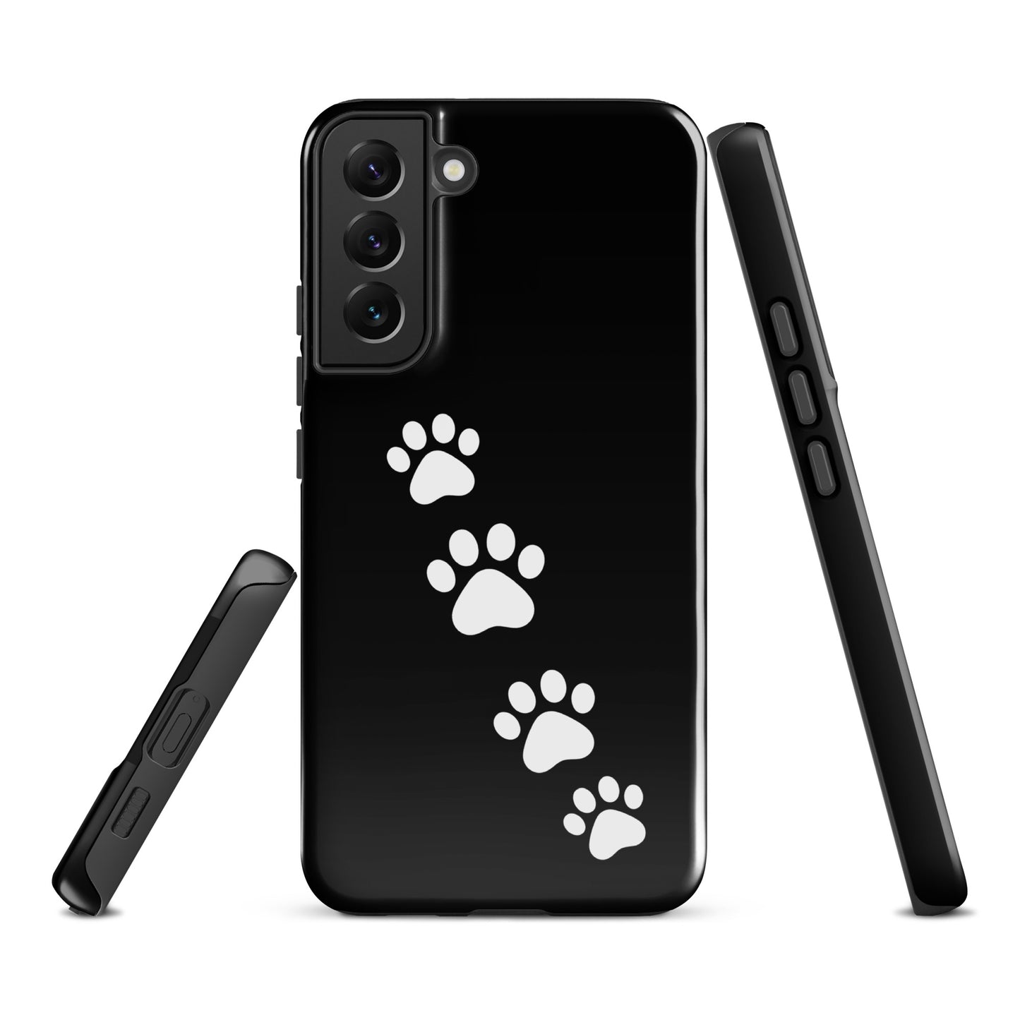 Phone case for Samsung Galaxy with white paw print design on black background, perfect for pet lovers.