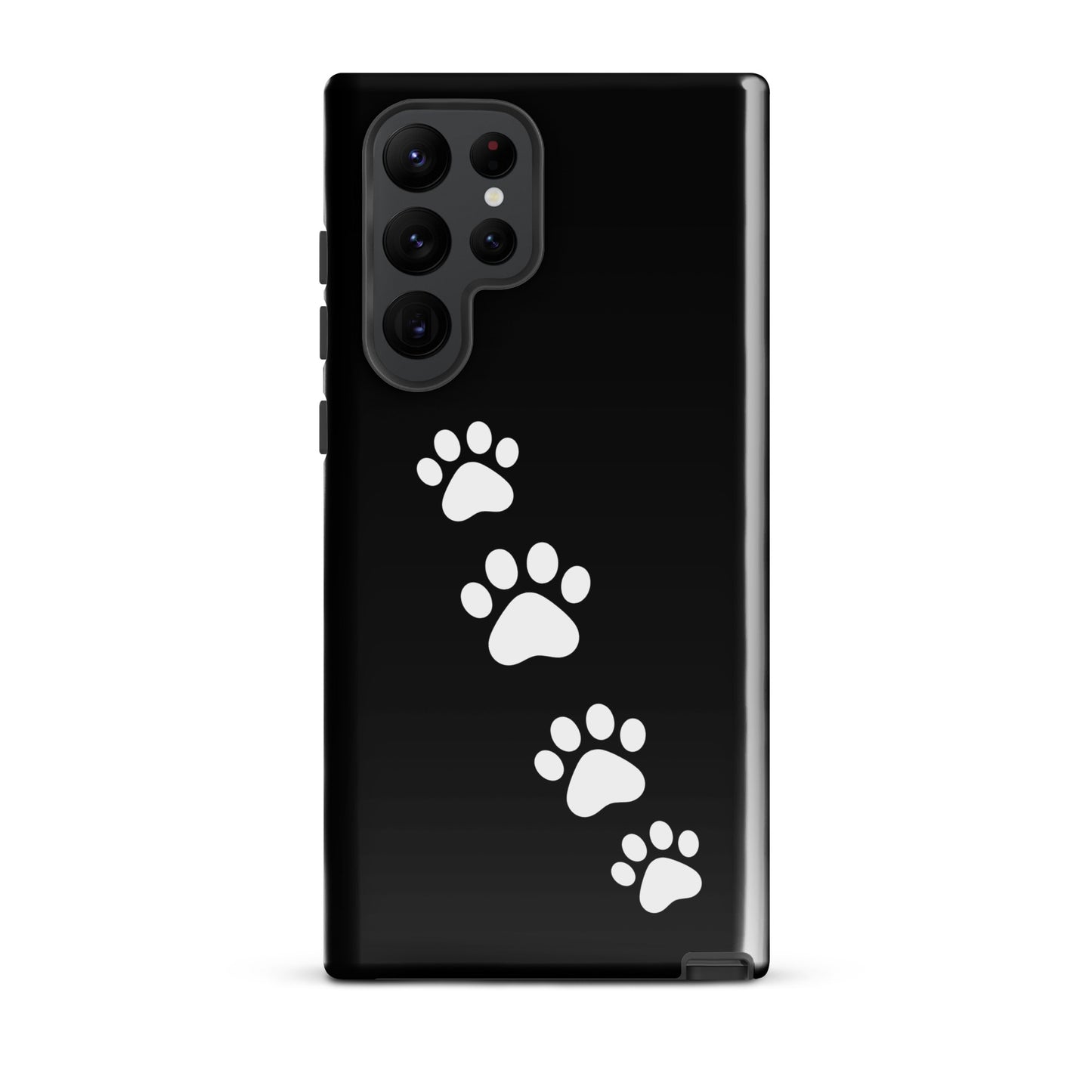 Phone case for Samsung Galaxy with white paw prints on a black background, perfect for pet lovers seeking playful and modern designs.