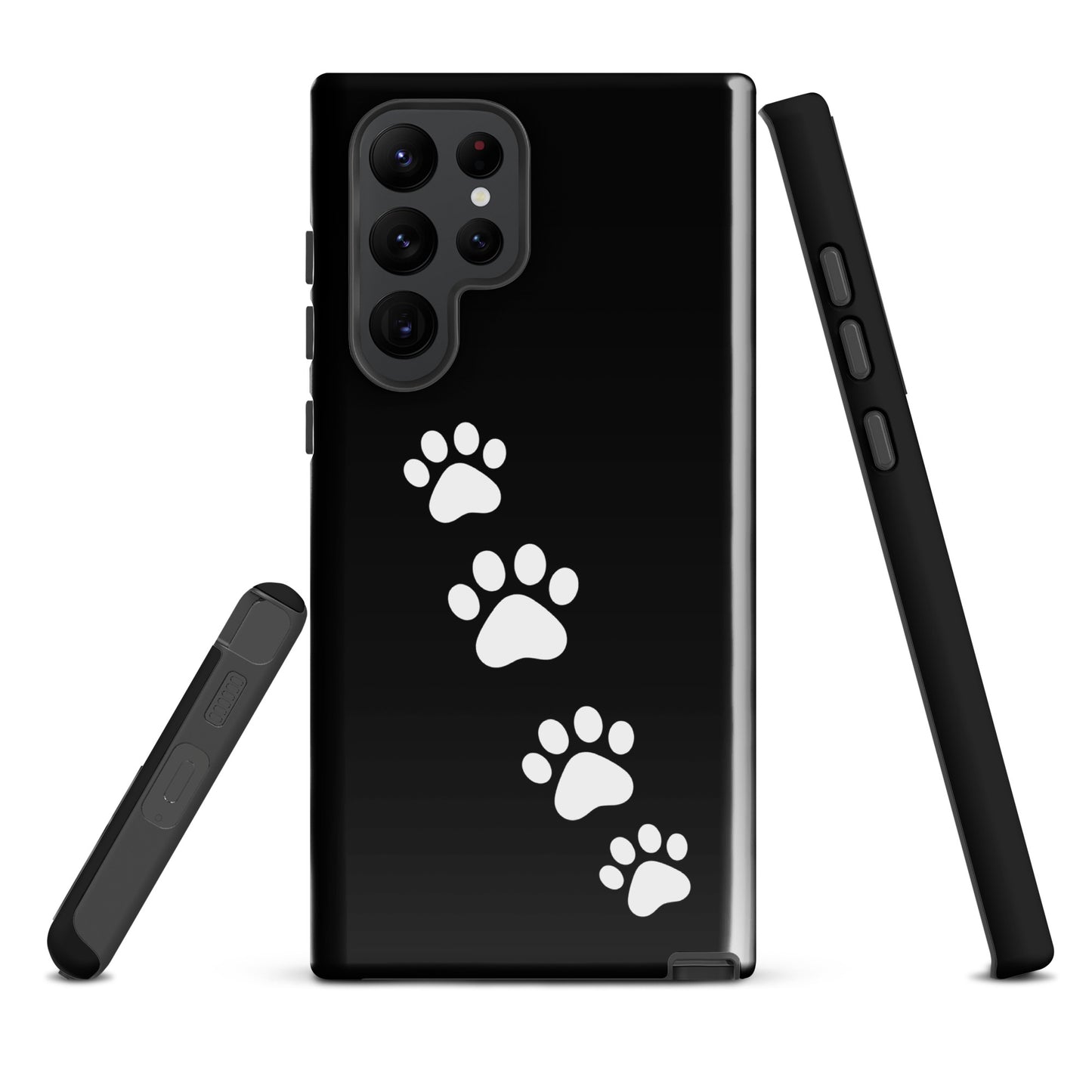 Phone case for Samsung Galaxy with white paw-print trail design for pet lovers, sleek and modern style.