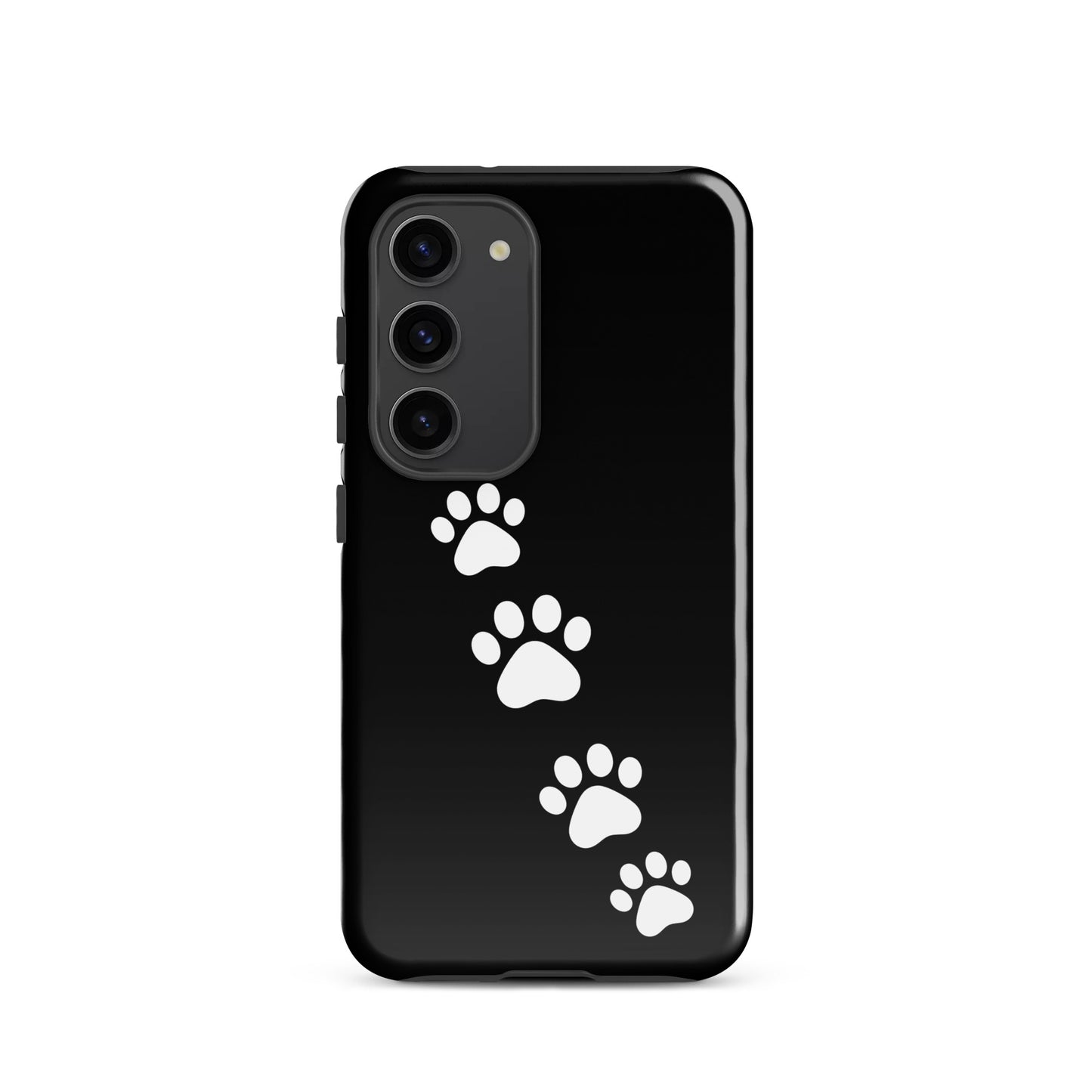 Phone case for Samsung Galaxy with white paw-print trail design on black background for pet lovers