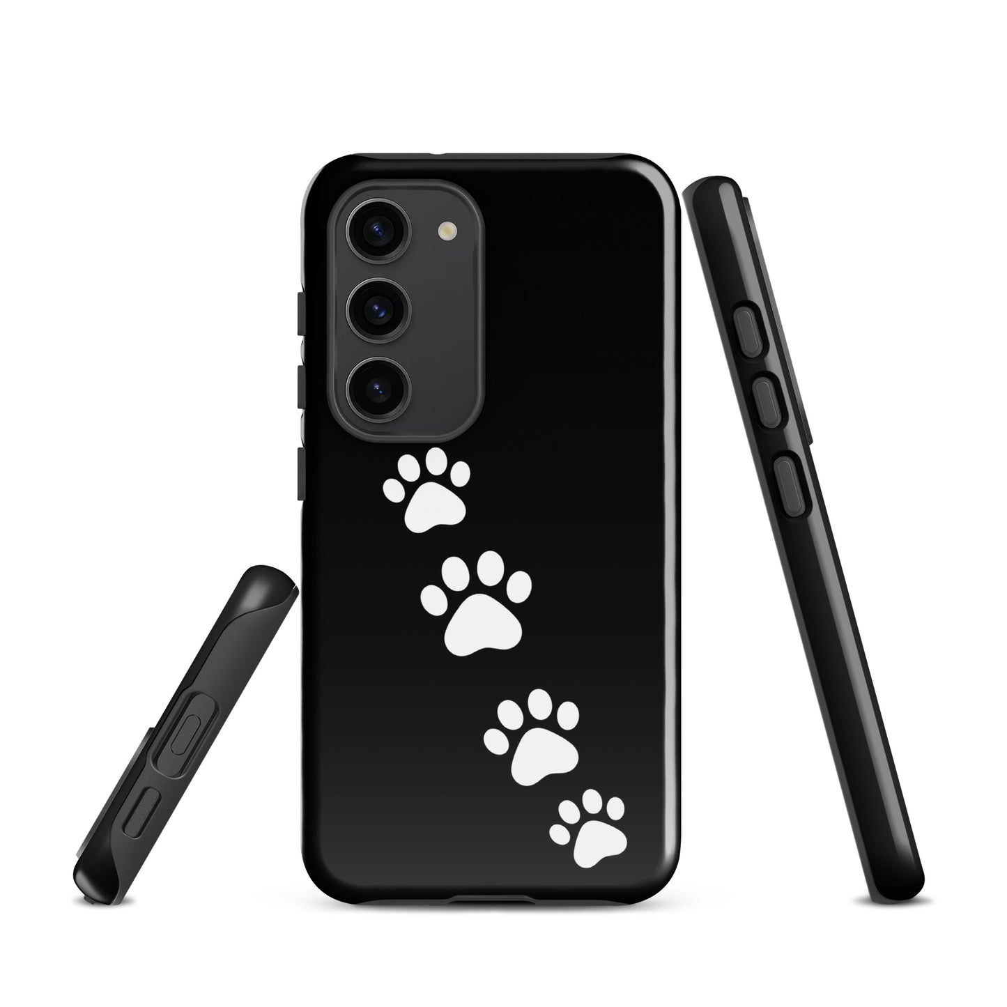Phone case with white paw-print trail design for Samsung Galaxy, ideal for playful pet lovers seeking a stylish accessory.