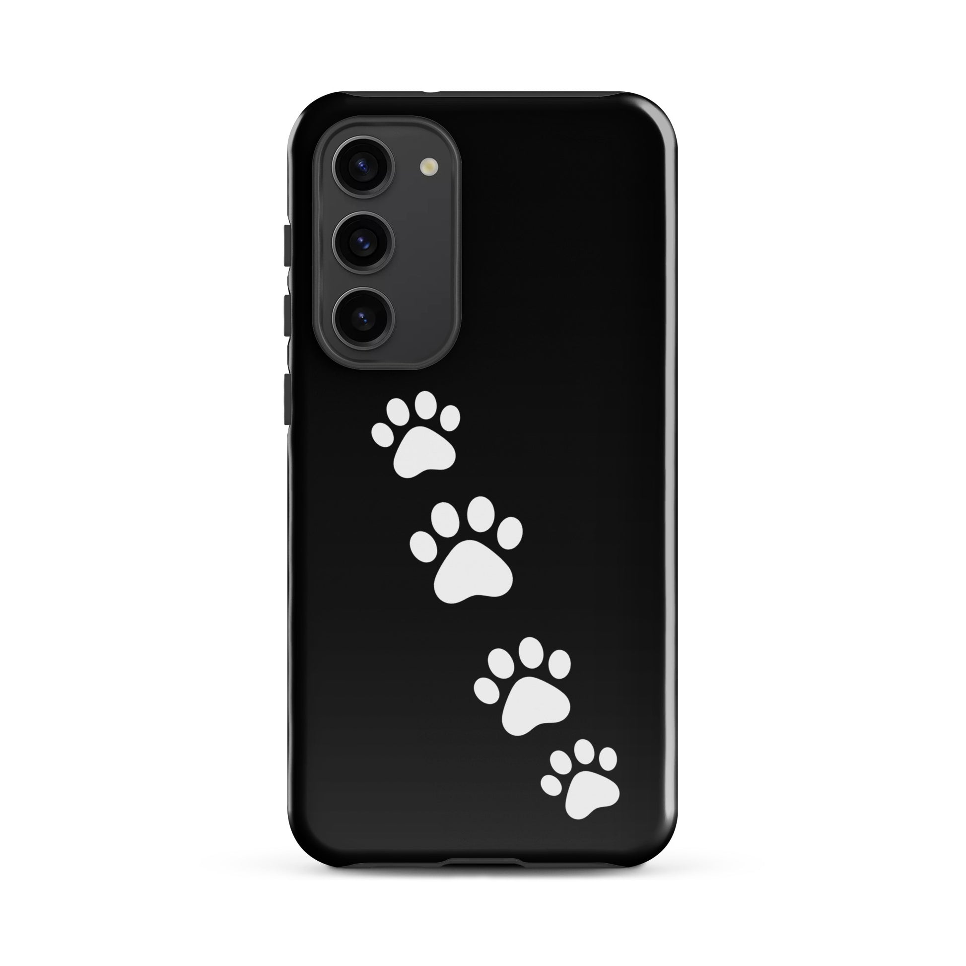 Phone case for Samsung Galaxy with paw-print trail design on black background, perfect for playful pet lovers.