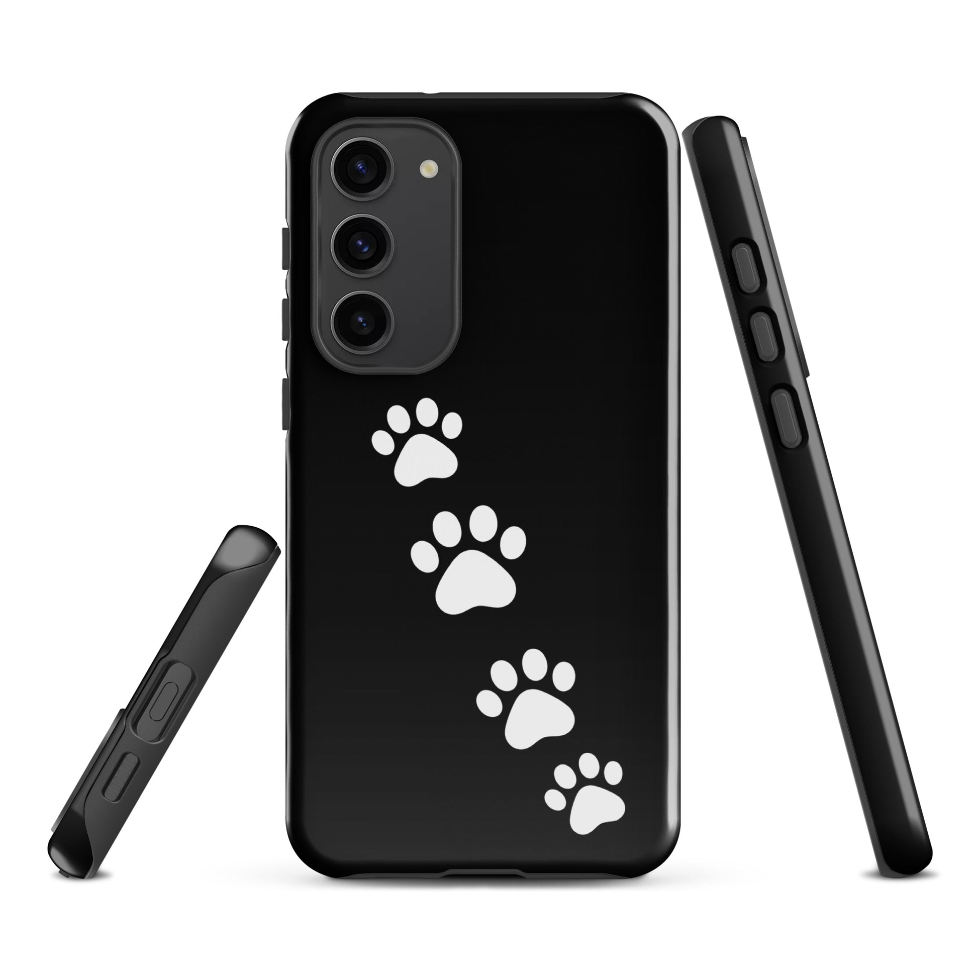 Phone case for Samsung Galaxy featuring white paw prints on a black background, perfect for playful pet lovers and modern style.