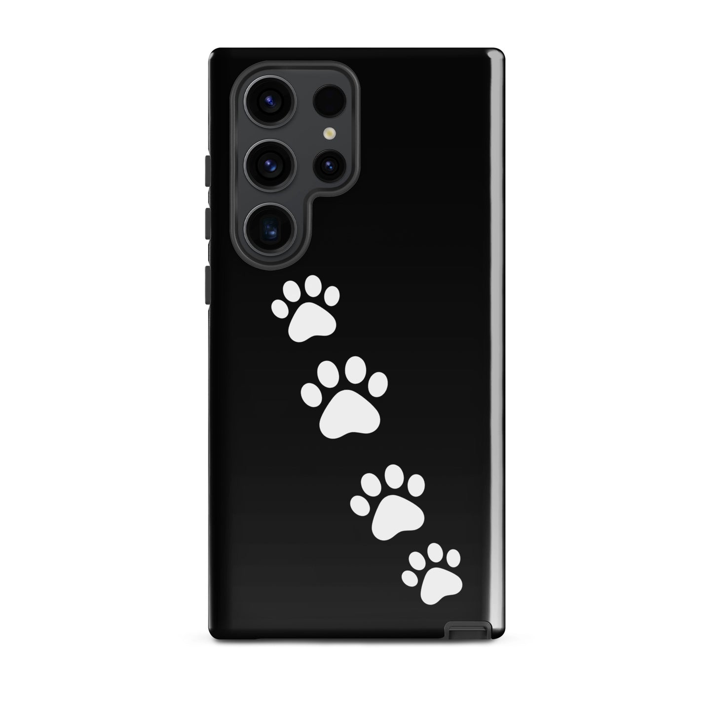 Phone case for Samsung Galaxy with playful white paw-print trail on sleek black background, perfect for pet lovers.