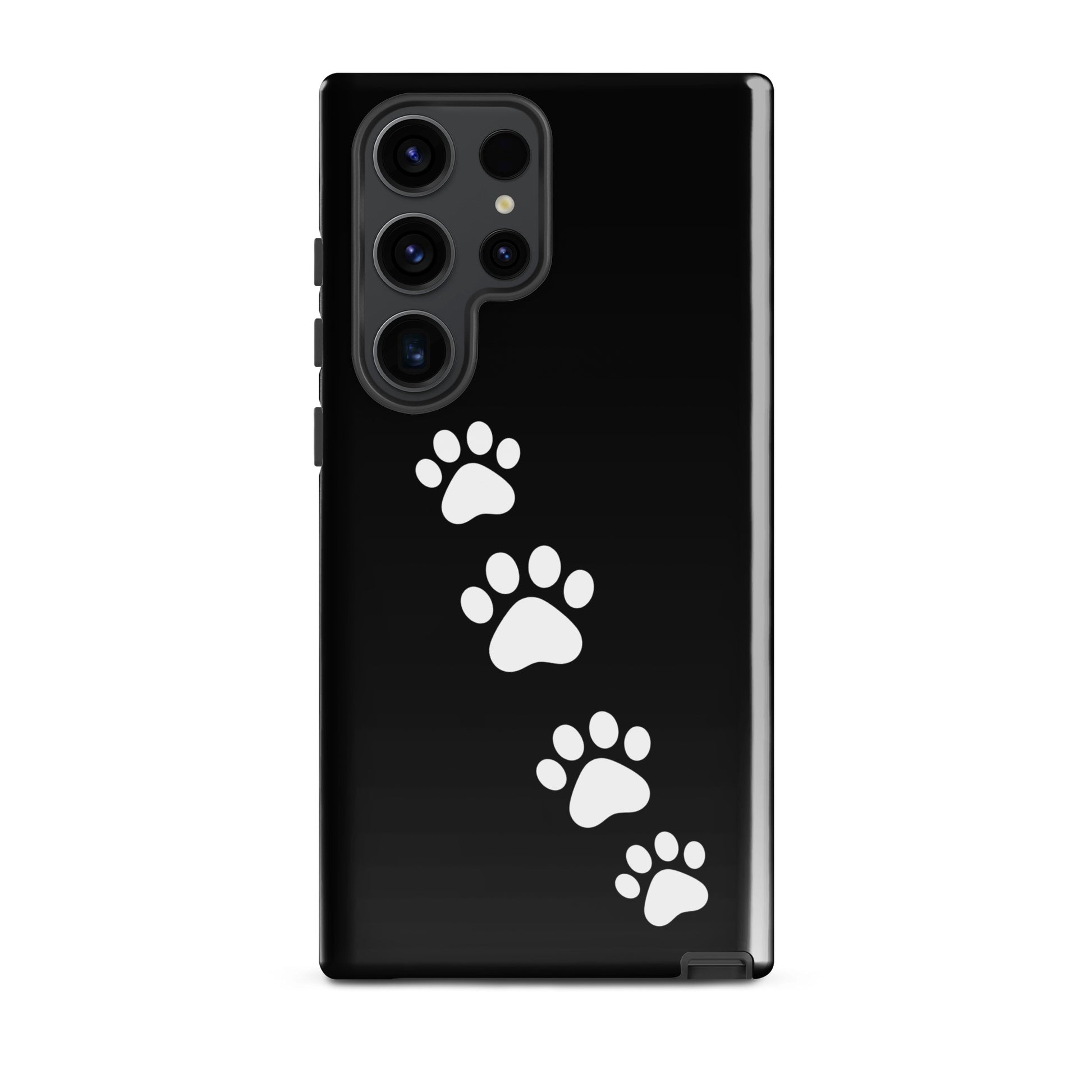 Phone case for Samsung Galaxy with playful white paw-print trail on sleek black background, perfect for pet lovers.
