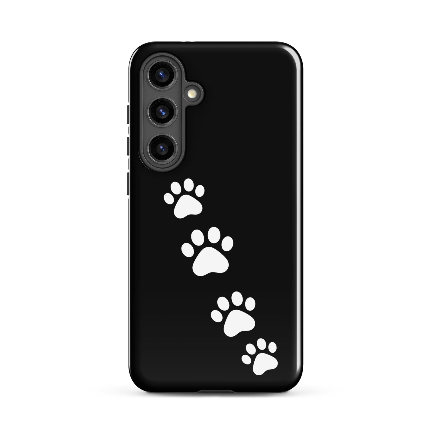 Phone case for Samsung Galaxy with white paw-print trail design on black background, ideal for pet lovers, showcasing playful style.