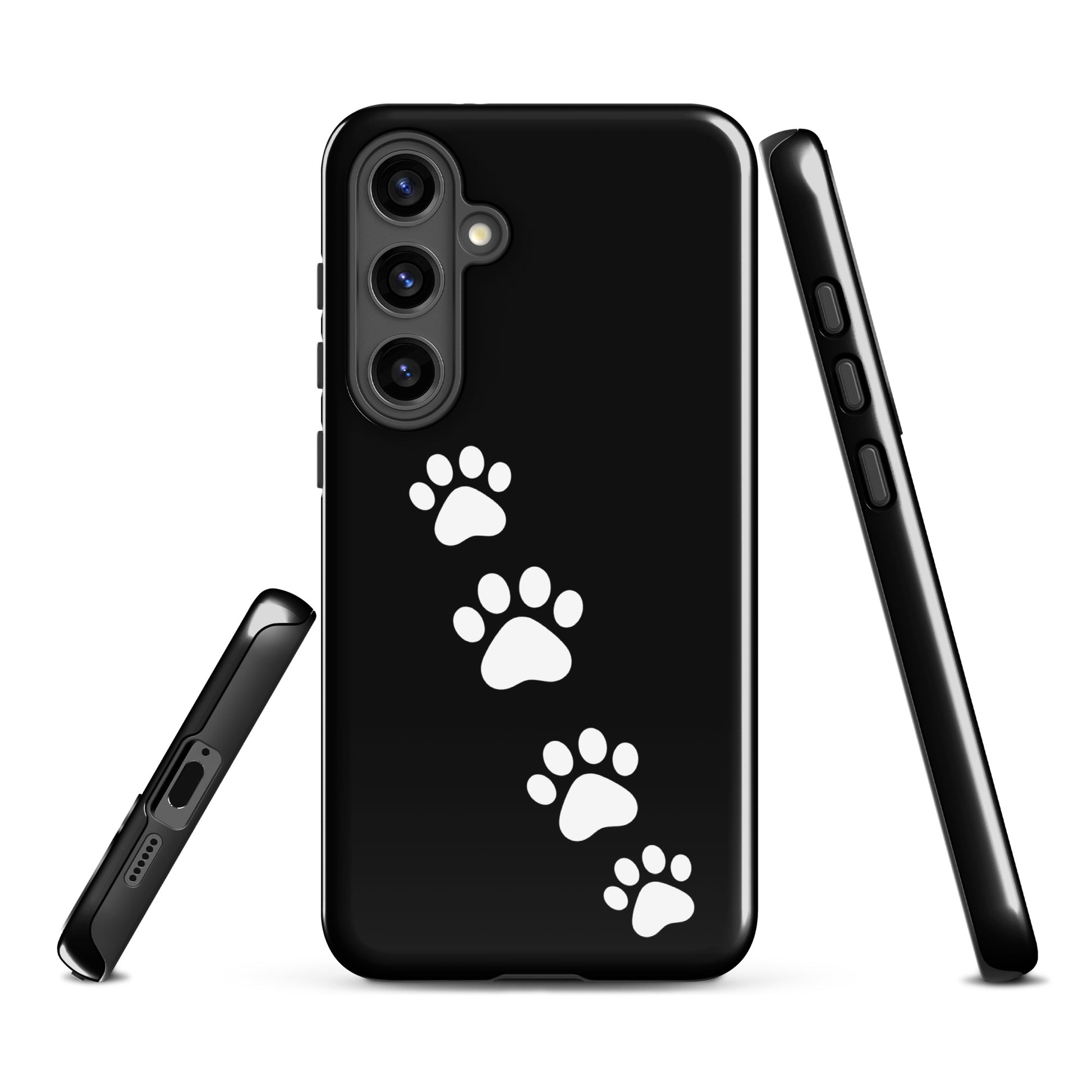 Phone case for Samsung Galaxy with paw-print trail design for pet lovers, white prints on black background, playful and modern style.