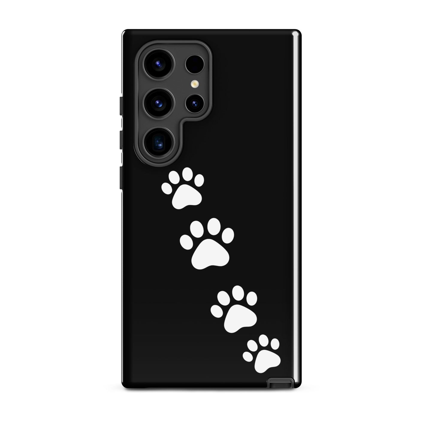 Phone case for Samsung Galaxy with white paw-print trail on black background for pet lovers.