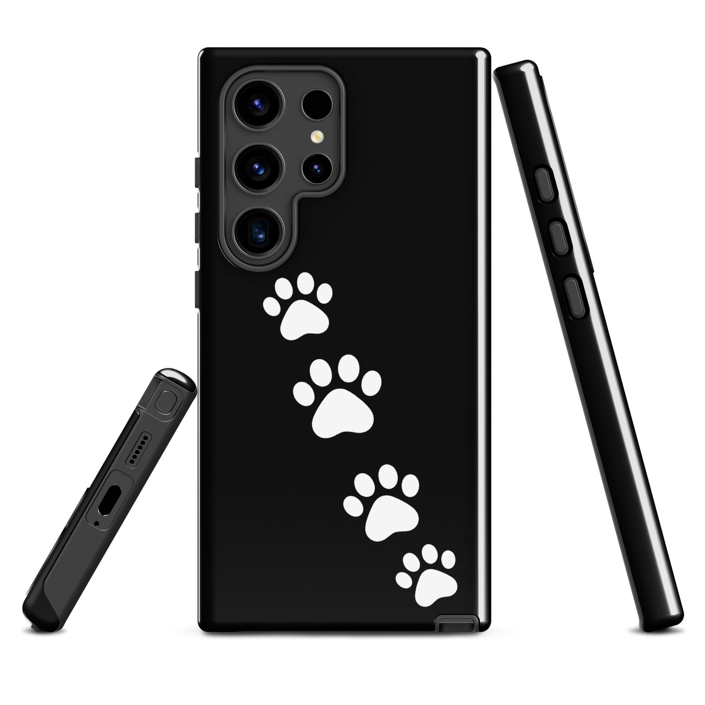 Phone case for Samsung Galaxy featuring white paw-print trail design on sleek black background, perfect for pet lovers.