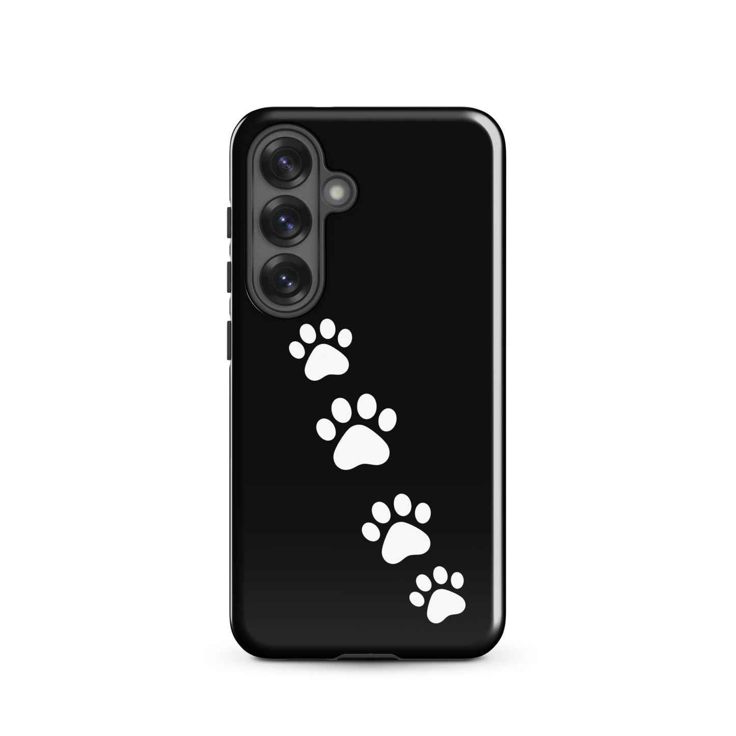 Phone case with paw-print trail design for Samsung Galaxy, featuring white paw prints on black background, perfect for pet lovers.