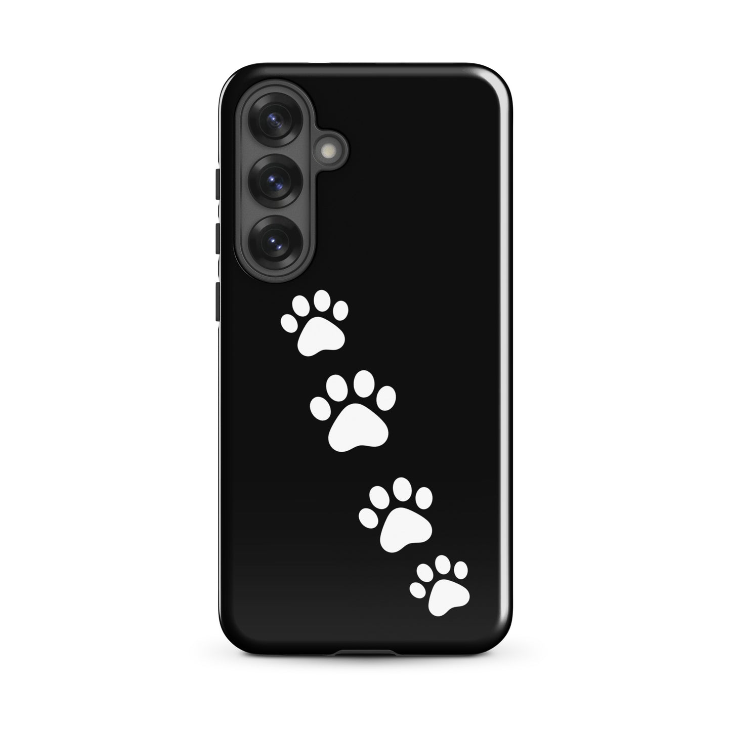 Phone case with white paw print trail for Samsung Galaxy, playful pet lover design, black background.