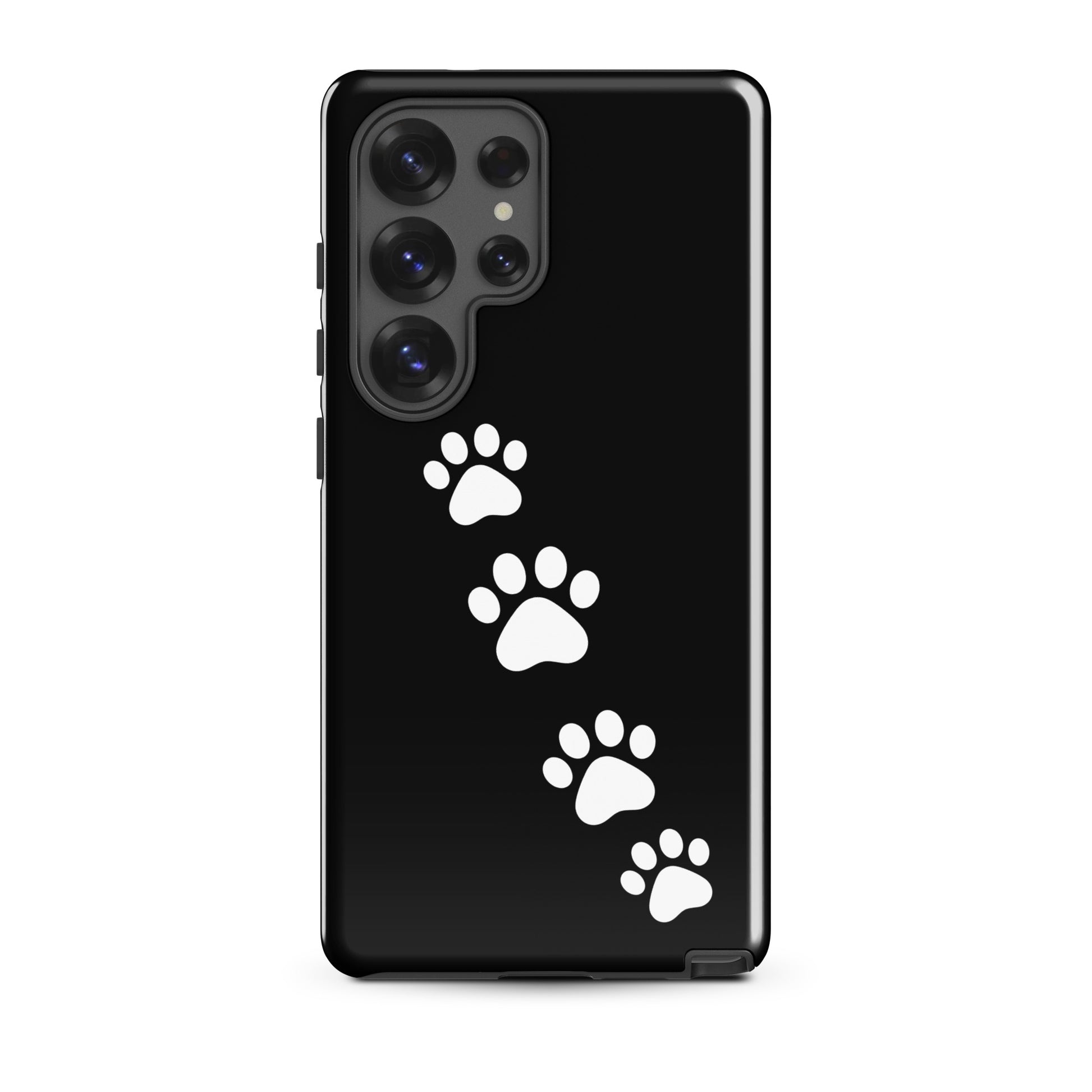 Phone case for Samsung Galaxy with playful paw-print trail design featuring white paw prints on a sleek black background.
