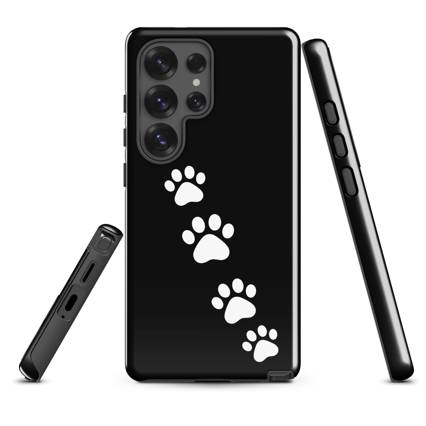 Phone case for Samsung Galaxy featuring white paw prints diagonally across a sleek black background, perfect for pet lovers.