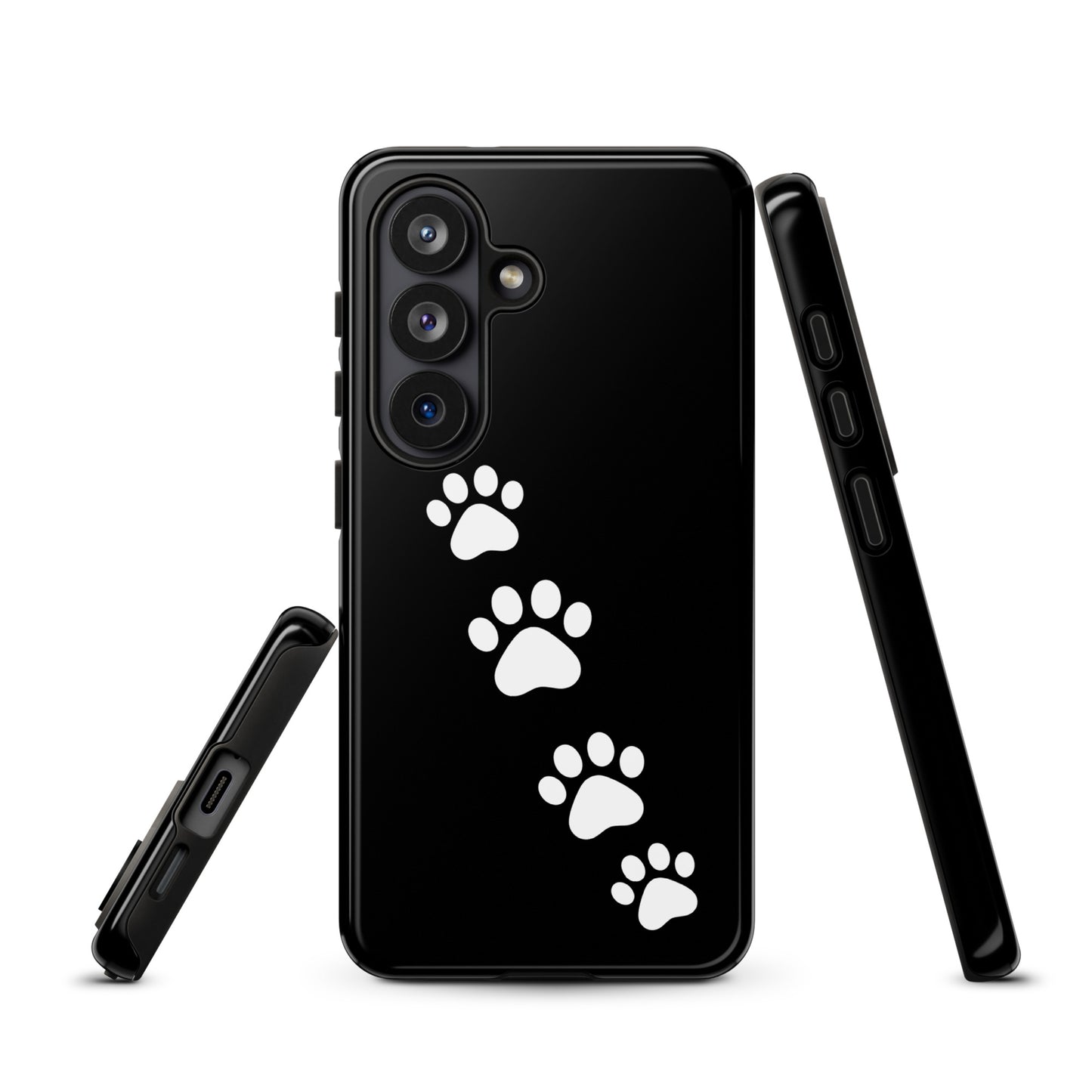 Phone case for Samsung Galaxy with white paw-print design on black background, perfect for pet lovers.