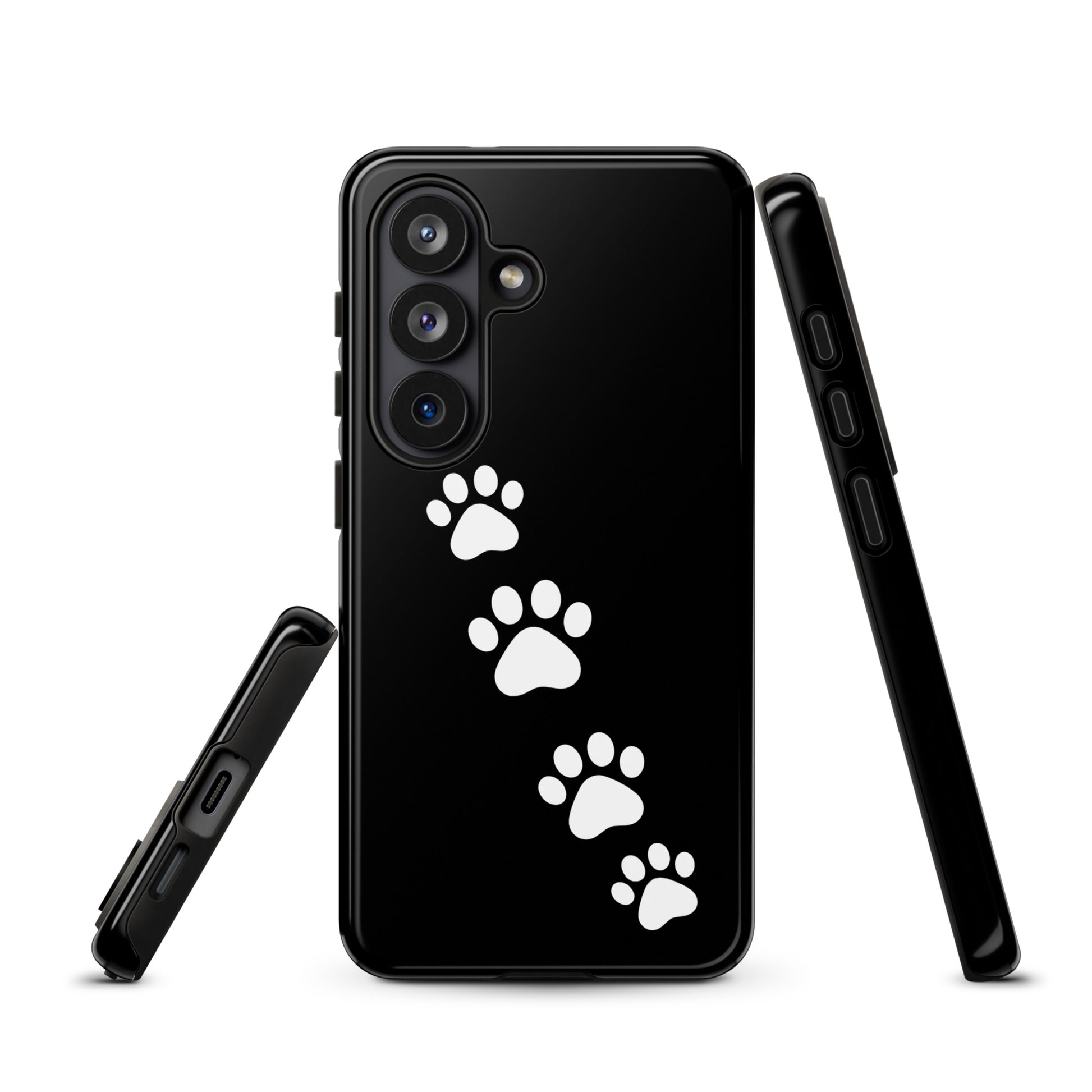 Phone case for Samsung Galaxy with white paw-print design on black background, perfect for pet lovers.