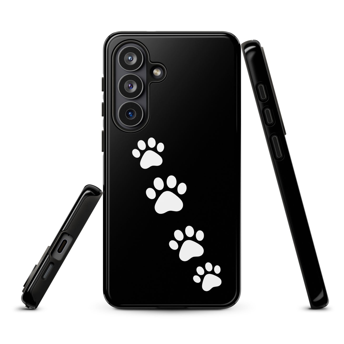 Phone case for Samsung Galaxy with white paw-print trail design on black background.