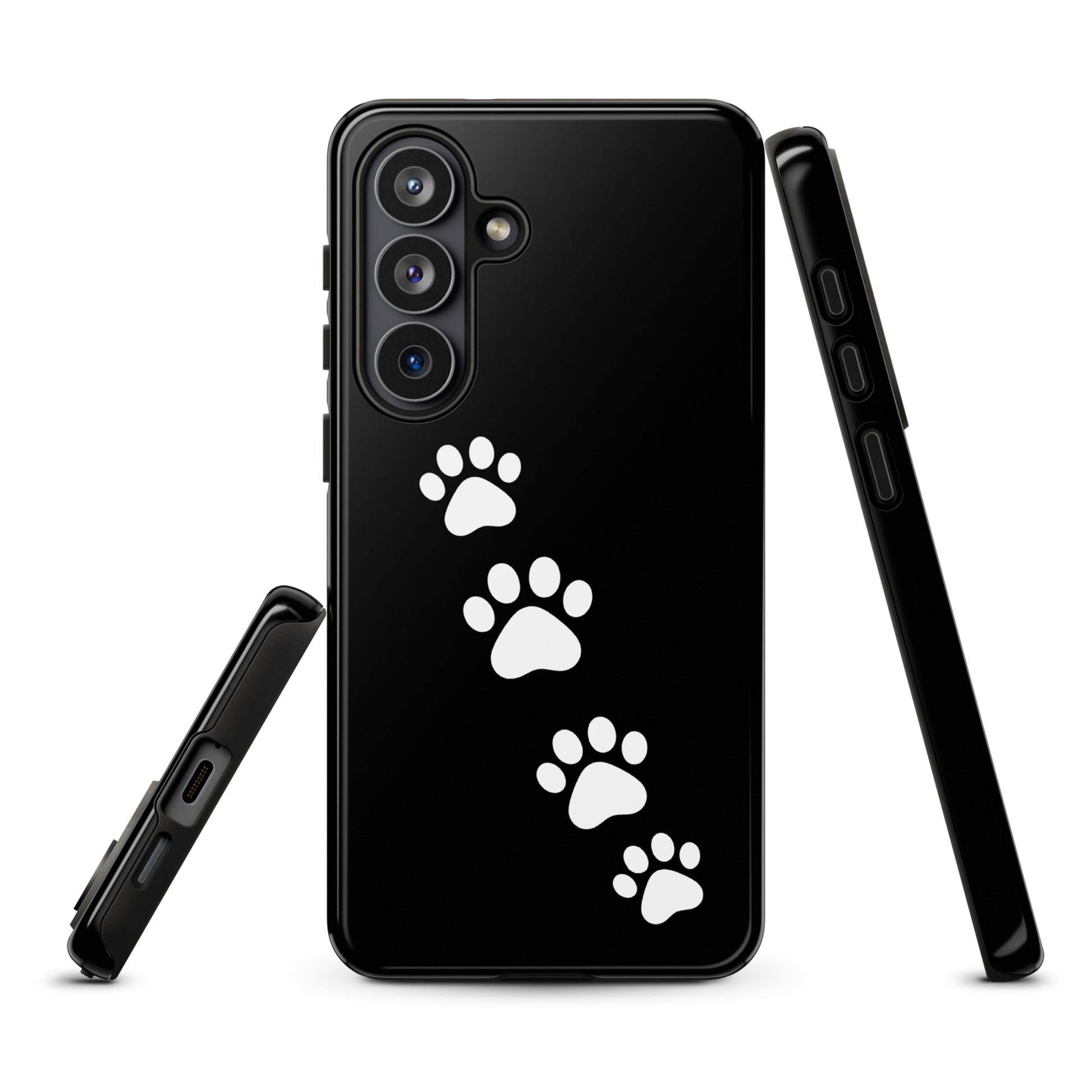 Phone case for Samsung Galaxy with white paw-print trail design on black background.