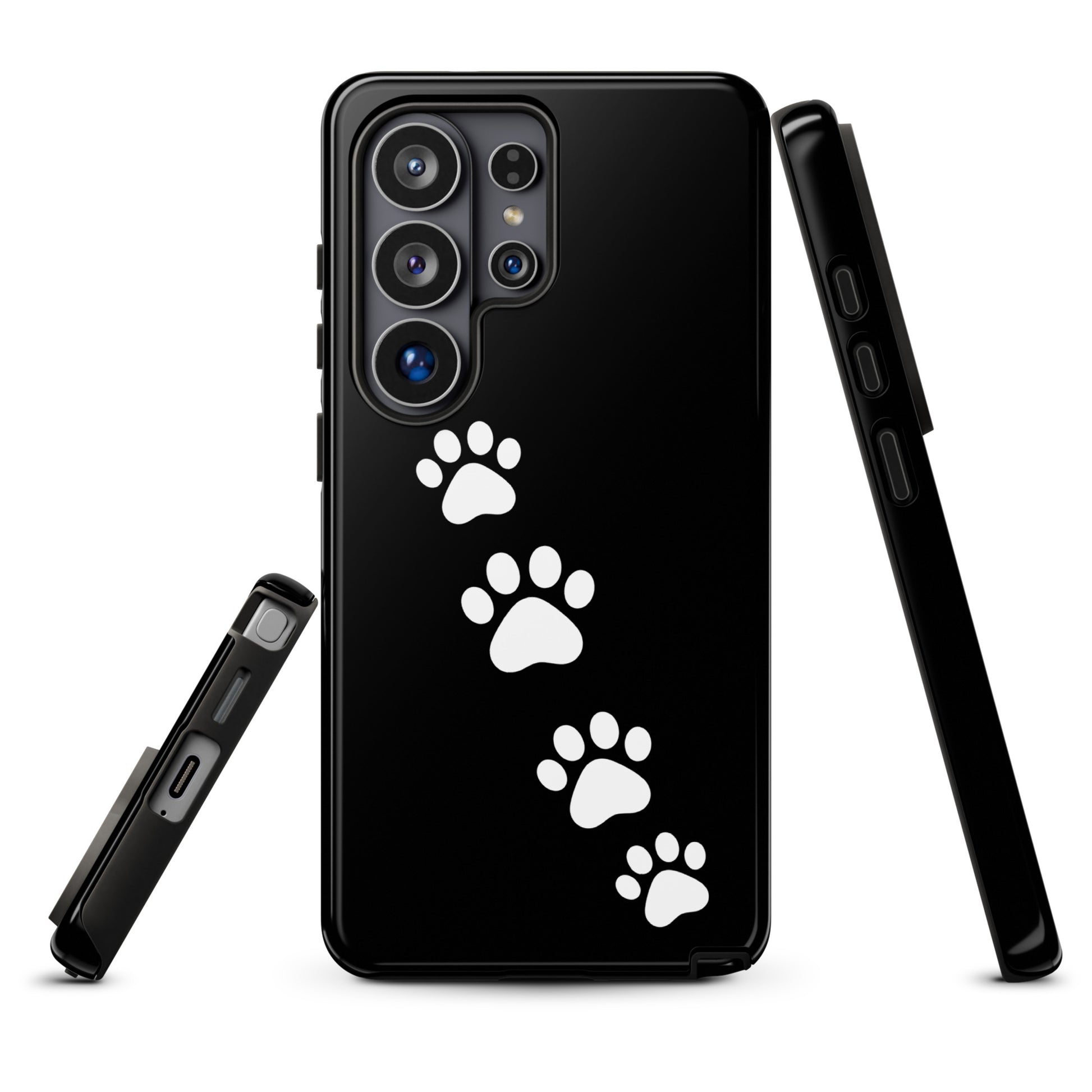 Phone case for Samsung Galaxy with white paw-print trail design.