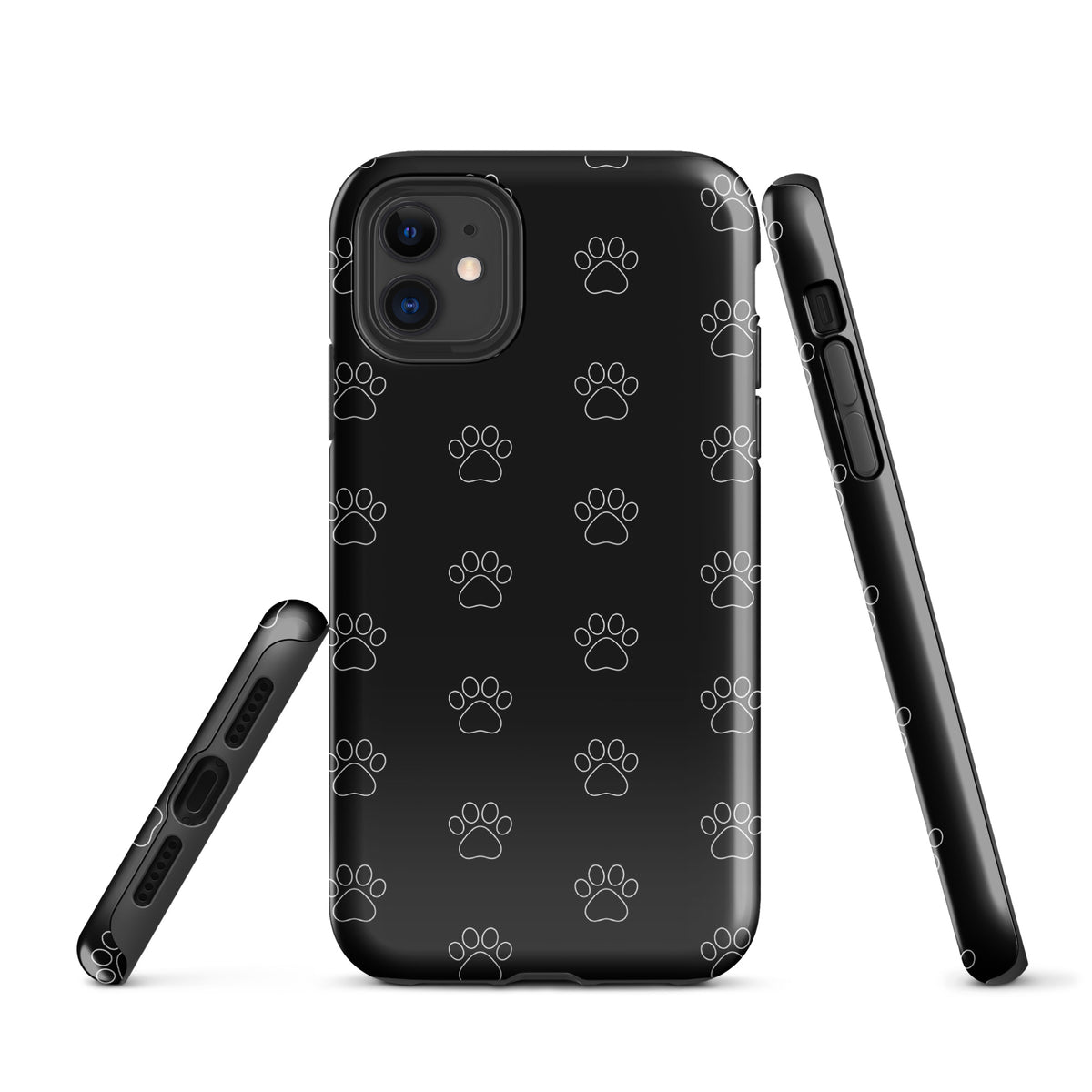 Phone Case for iPhone with black paw print pattern, highlighting a pet lover's style with minimalist and transparent design.