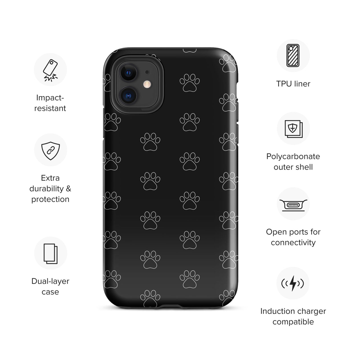 Phone Case for iPhone with black paw print pattern, highlighting features like TPU liner, polycarbonate shell, and induction charger compatibility.