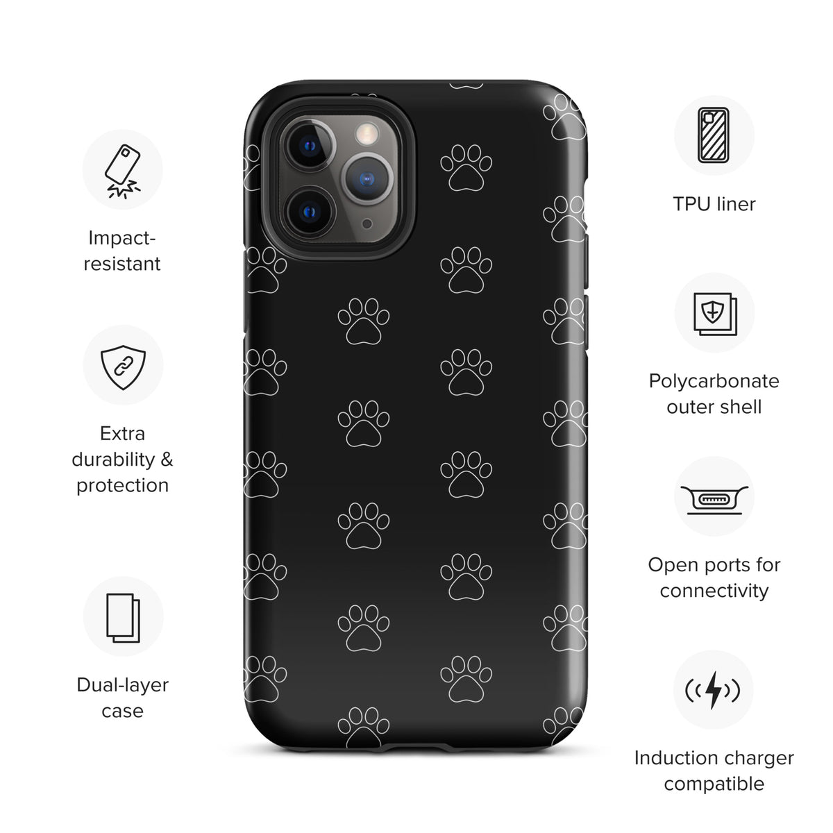 Phone Case for iPhone with black paw print pattern, transparent finish, dual-layer protection, TPU liner, and induction charger compatibility.