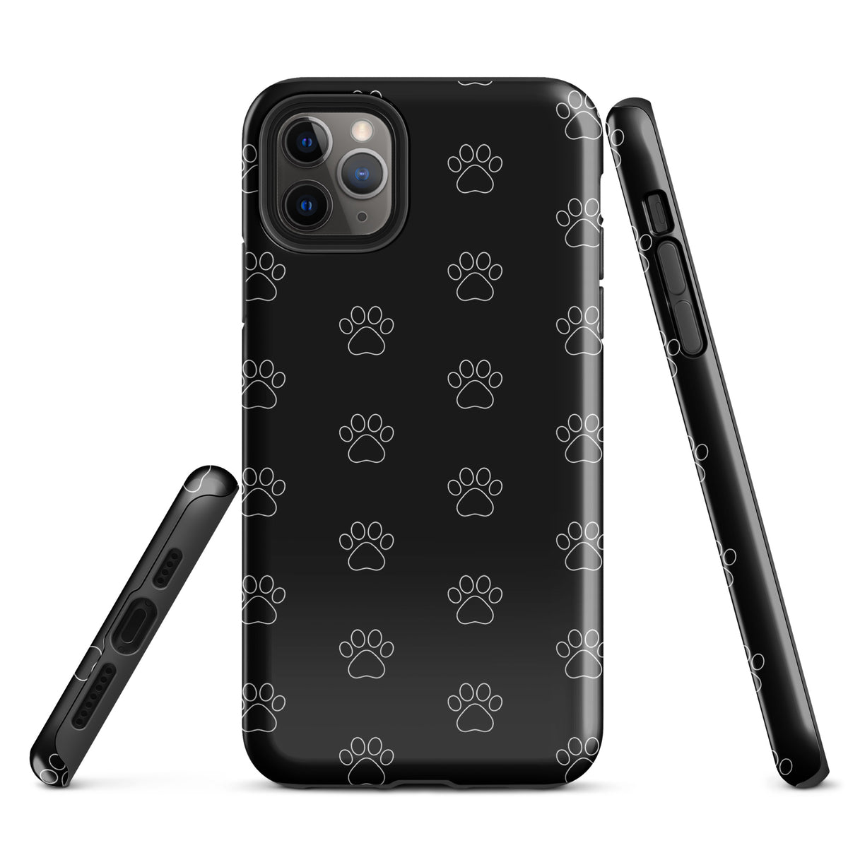Phone Case for iPhone with black paw print pattern, transparent finish, highlighting minimalist style for pet lovers.