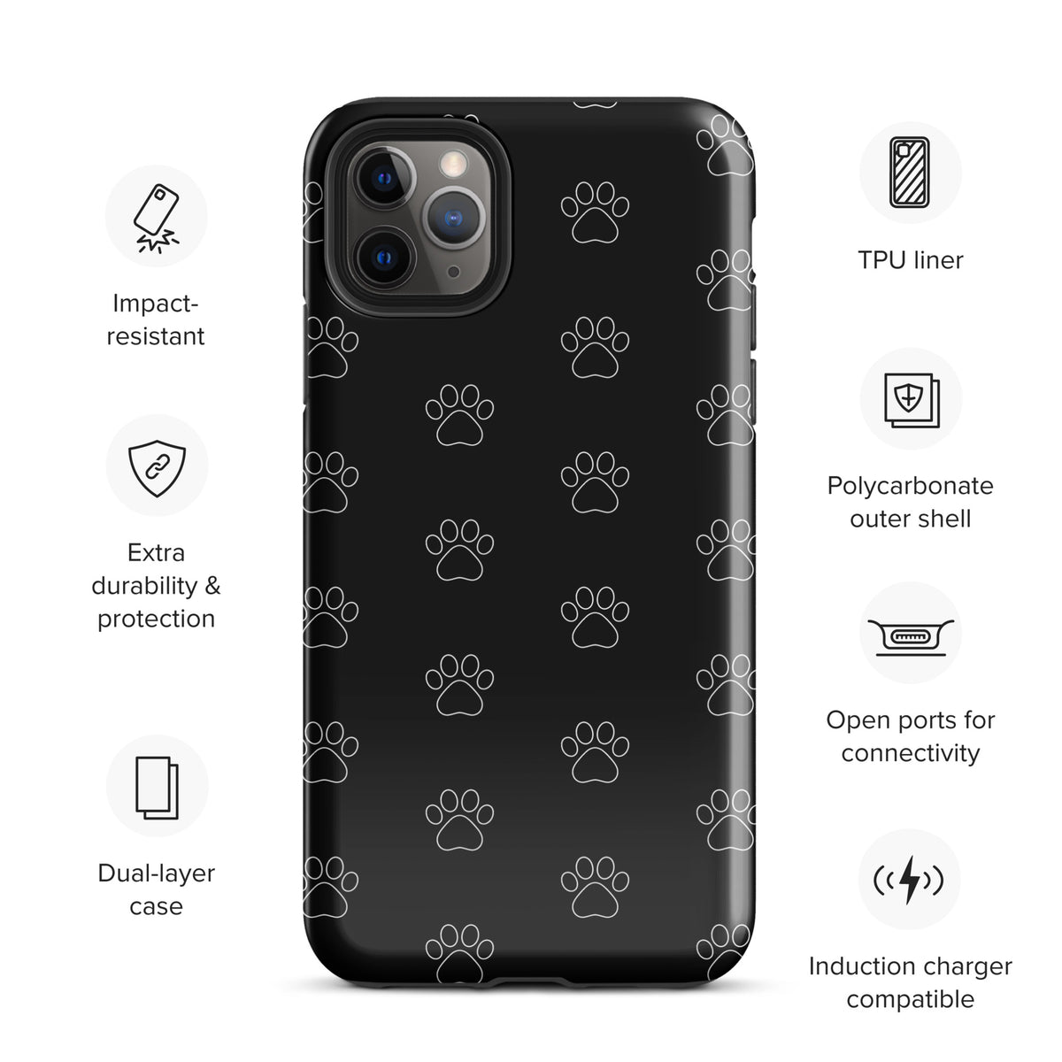 Phone Case for iPhone with black paw print pattern, modern design for pet lovers, highlighting style and practicality.