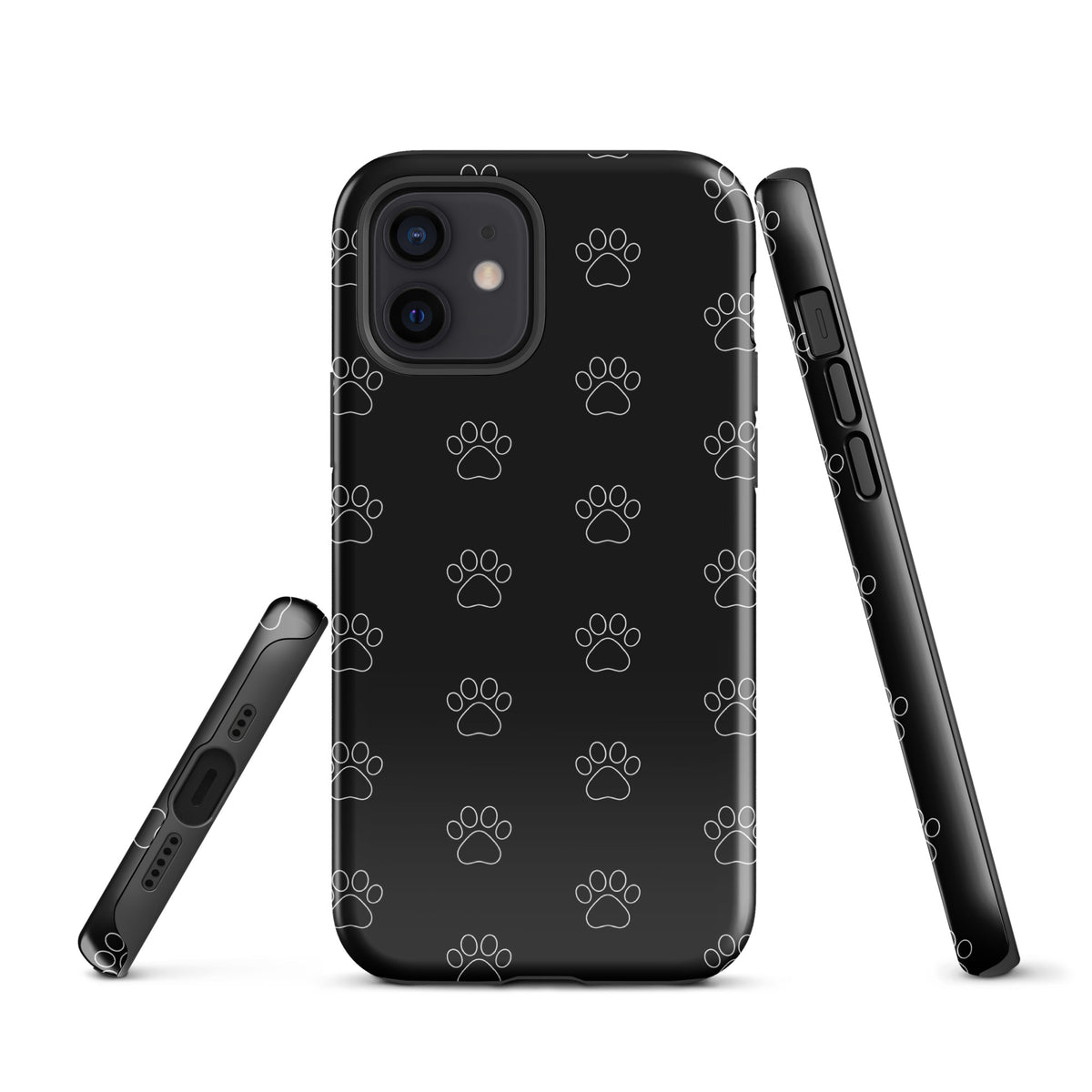 Phone Case for iPhone with black paw print pattern in minimalist style, ideal for pet lovers, showcasing transparency and modern aesthetics.