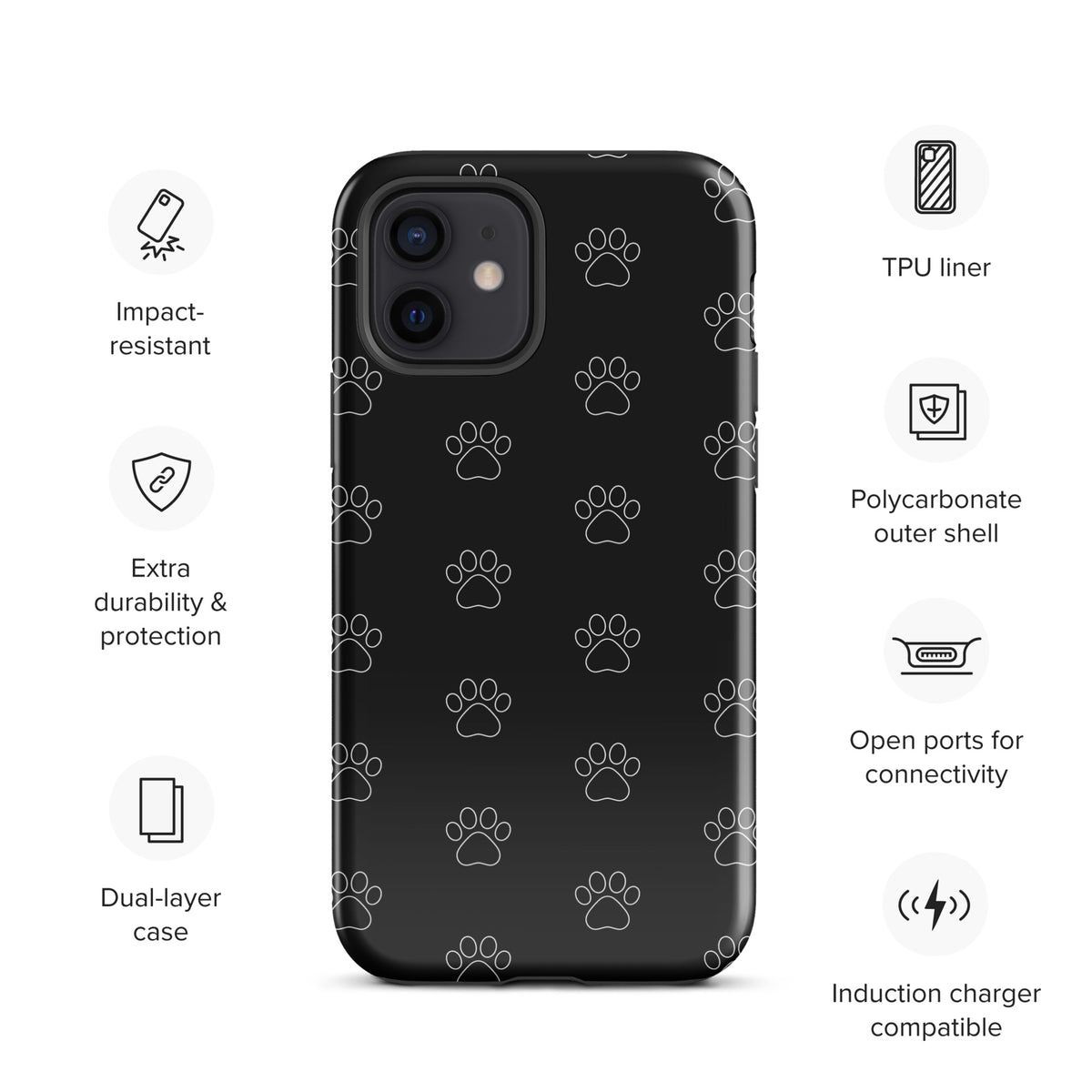 Phone Case for iPhone: Black paw print pattern on transparent background, ideal for pet lovers, showing phone features around the case.