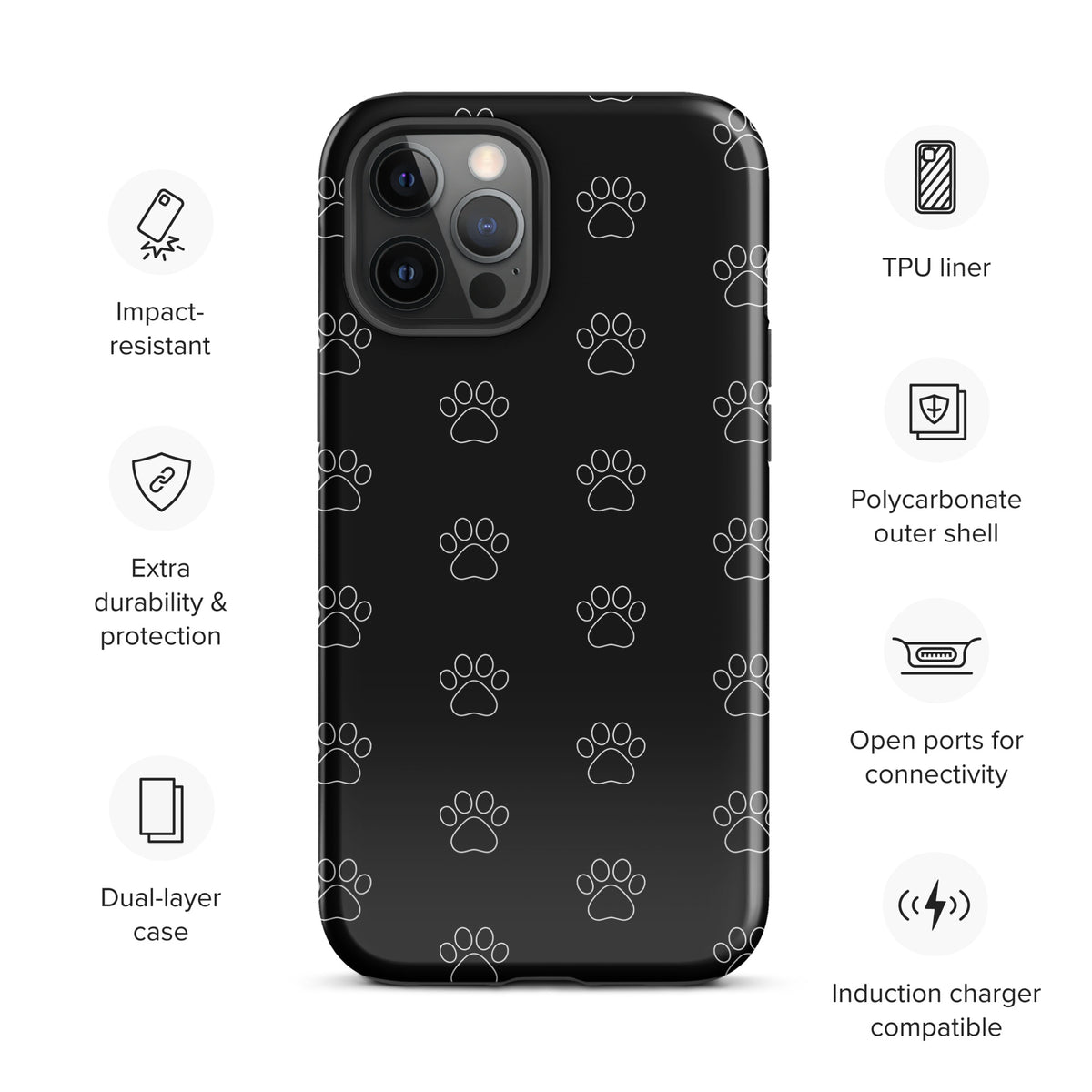 Phone Case for iPhone with black paw print pattern featuring durable TPU liner and polycarbonate shell, perfect for pet lovers.