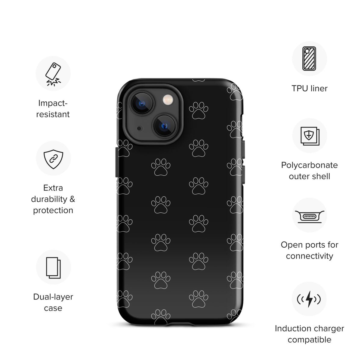 Phone Case for iPhone with black paw print pattern; transparent finish showing phone color; dual-layer protection and compatibility features