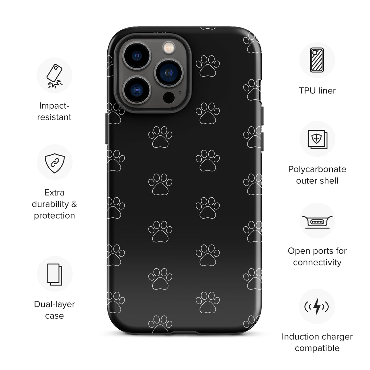 Phone Case for iPhone with black paw print pattern, transparent finish showing device color, modern style for pet lovers, impact-resistant.
